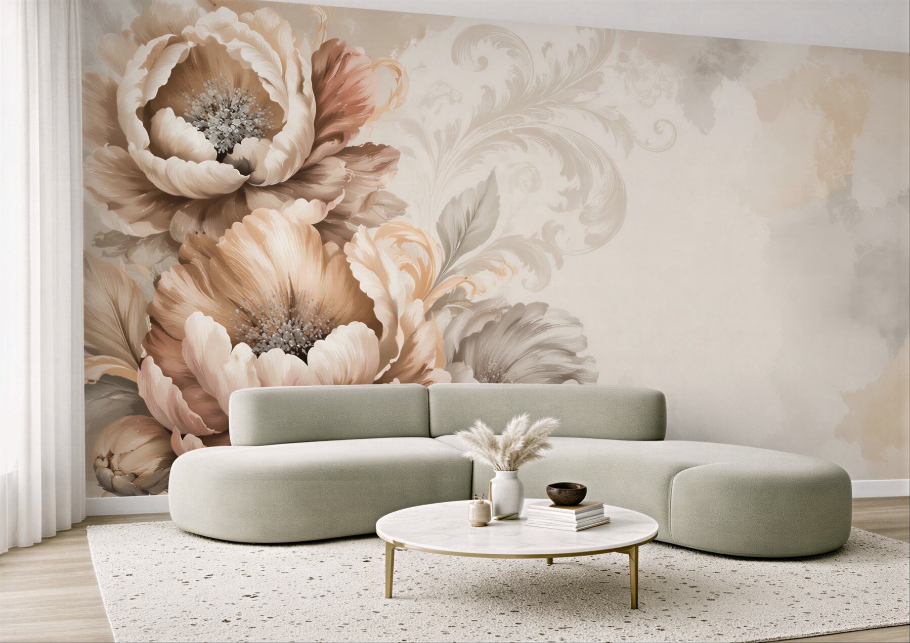 Fototapeta beżowe kwiaty piwonii z ornamentem elegancka do salonu?v23