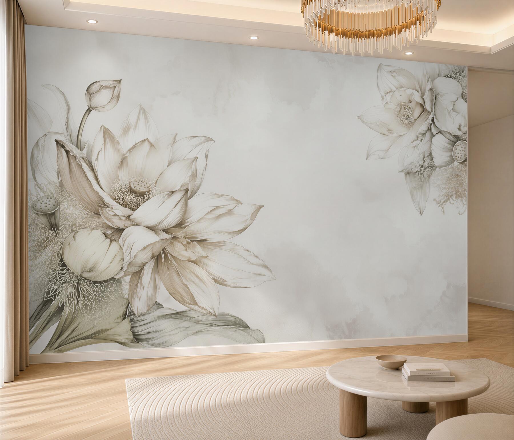 Fototapeta kwiat lotosu line art beżowa subtelna elegancja?v23