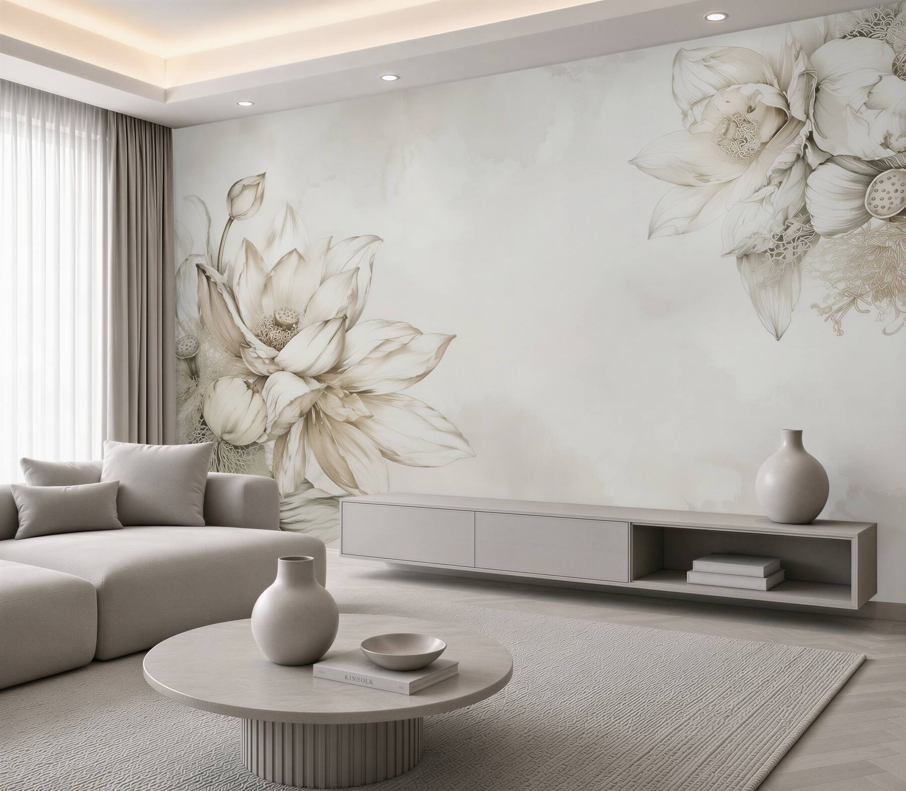 Fototapeta kwiat lotosu line art beżowa subtelna elegancja?v23
