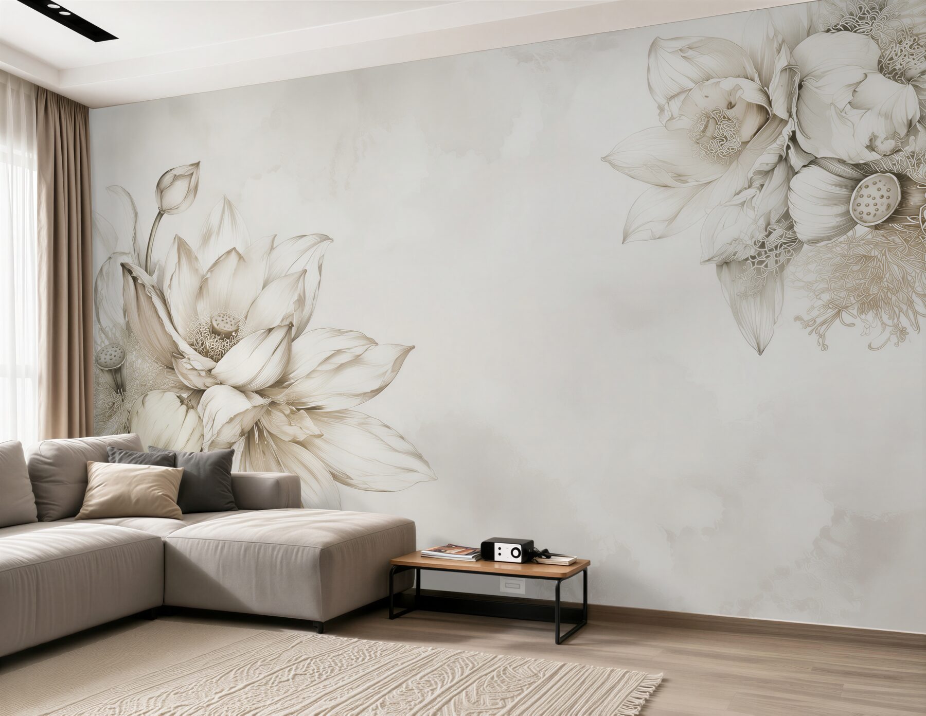 Fototapeta kwiat lotosu line art beżowa subtelna elegancja?v23