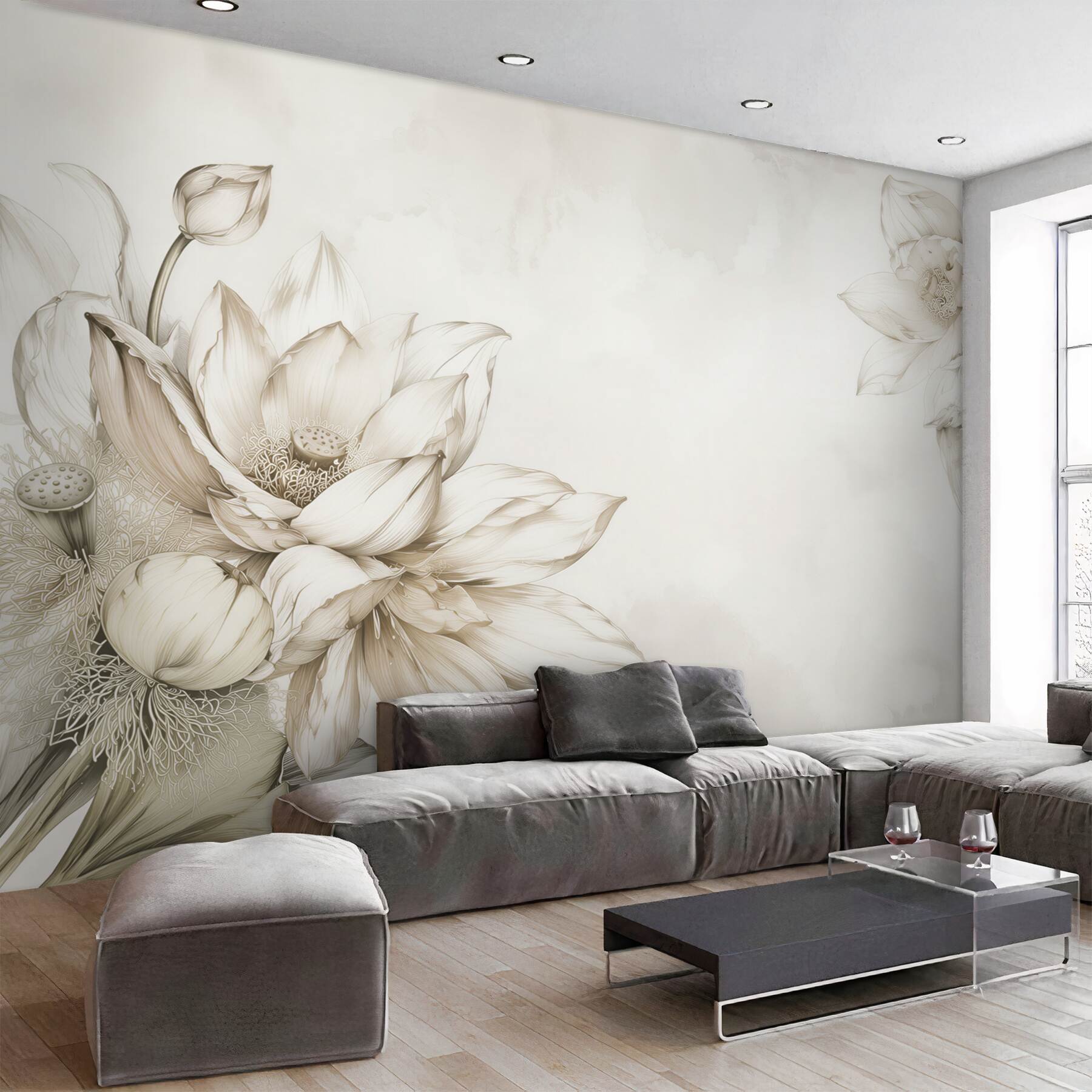 Fototapeta kwiat lotosu line art beżowa subtelna elegancja?v23