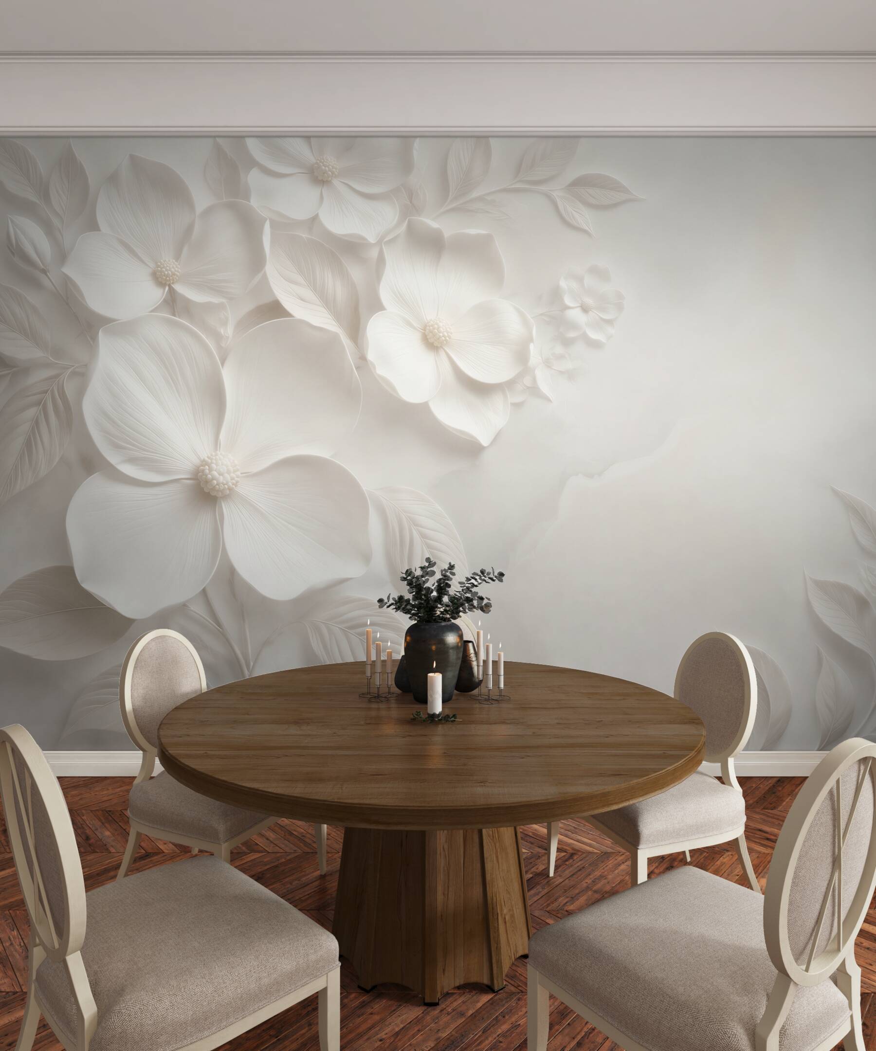 Fototapeta białe kwiaty 3D z liśćmi elegancka kremowa?v23