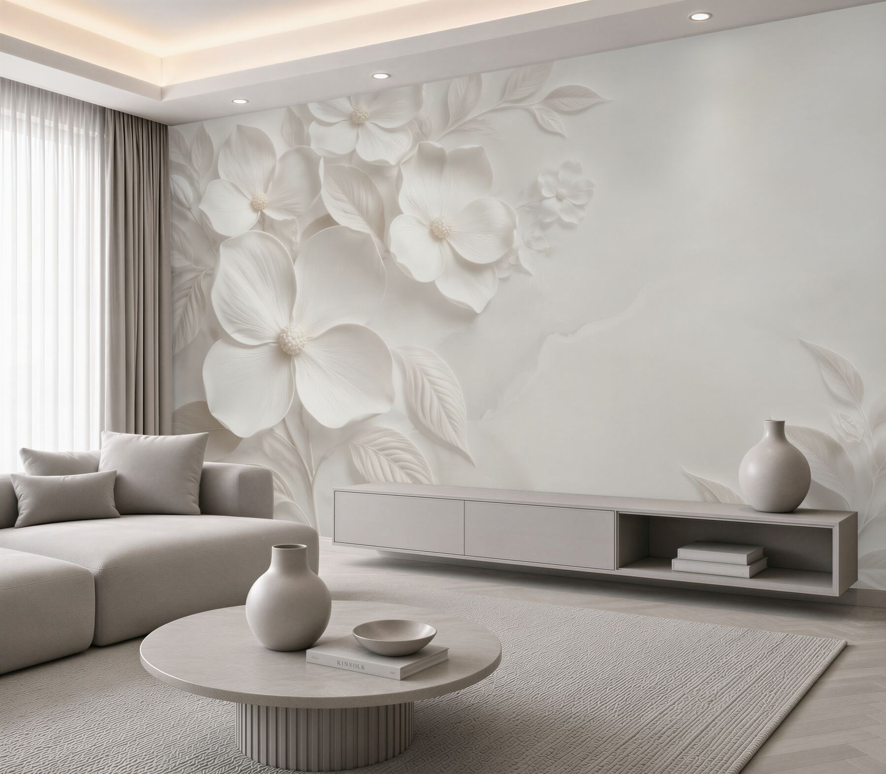 Fototapeta białe kwiaty 3D z liśćmi elegancka kremowa?v23