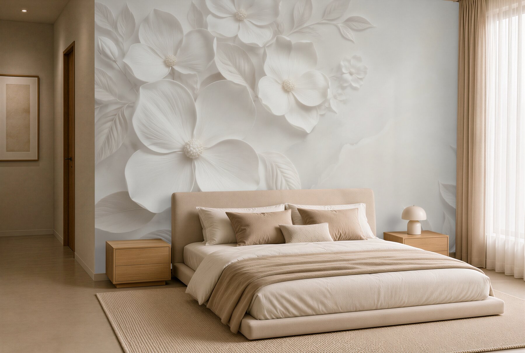 Fototapeta białe kwiaty 3D z liśćmi elegancka kremowa?v23