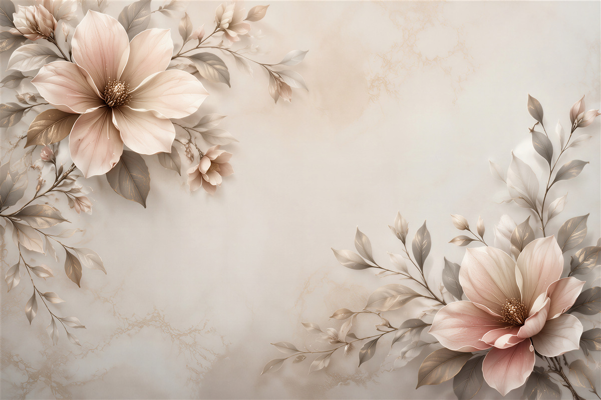 Fototapeta beżowe magnolie z liśćmi na marmurkowym tle elegancka