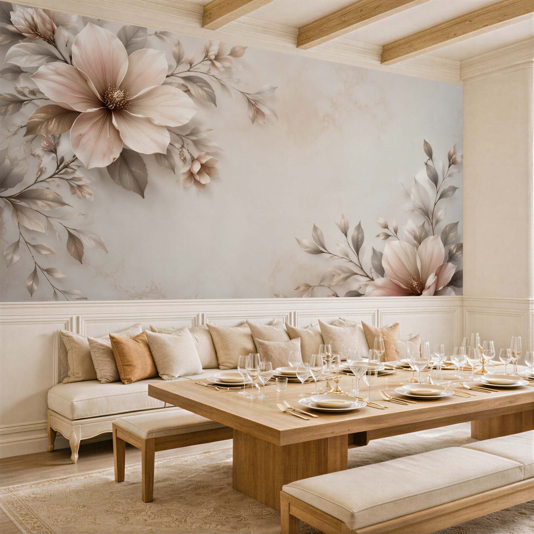Fototapeta beżowe magnolie z liśćmi na marmurkowym tle elegancka