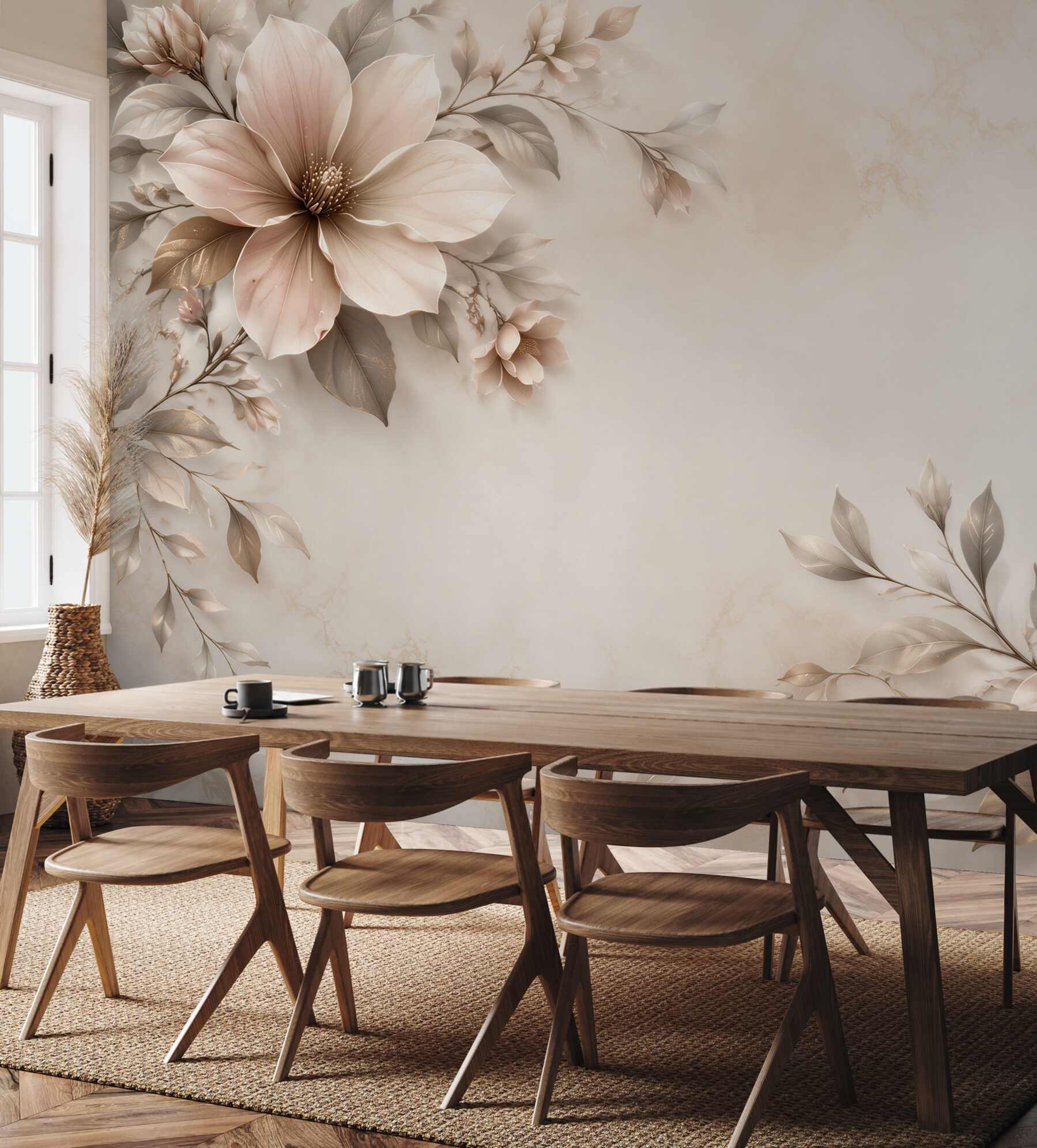 Fototapeta beżowe magnolie z liśćmi na marmurkowym tle elegancka?v23