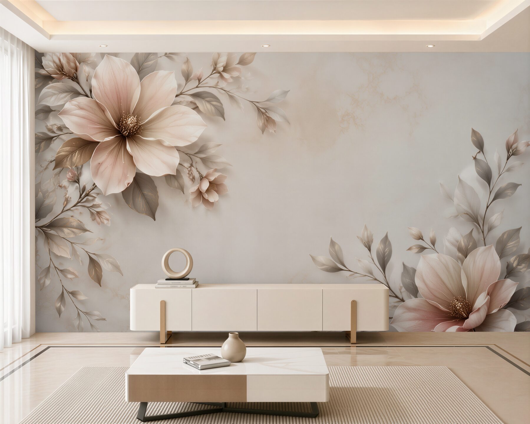 Fototapeta beżowe magnolie z liśćmi na marmurkowym tle elegancka?v23