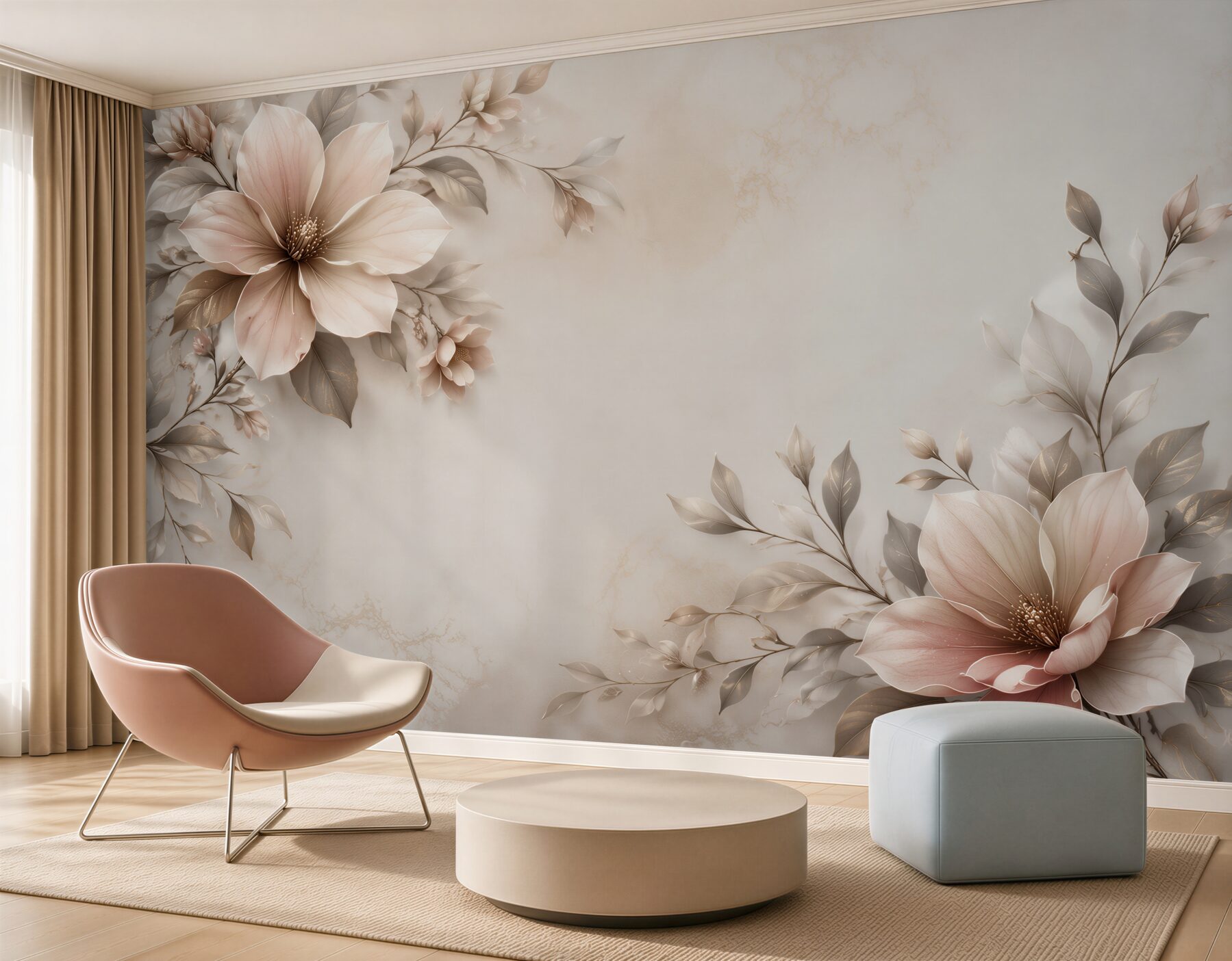 Fototapeta beżowe magnolie z liśćmi na marmurkowym tle elegancka?v23