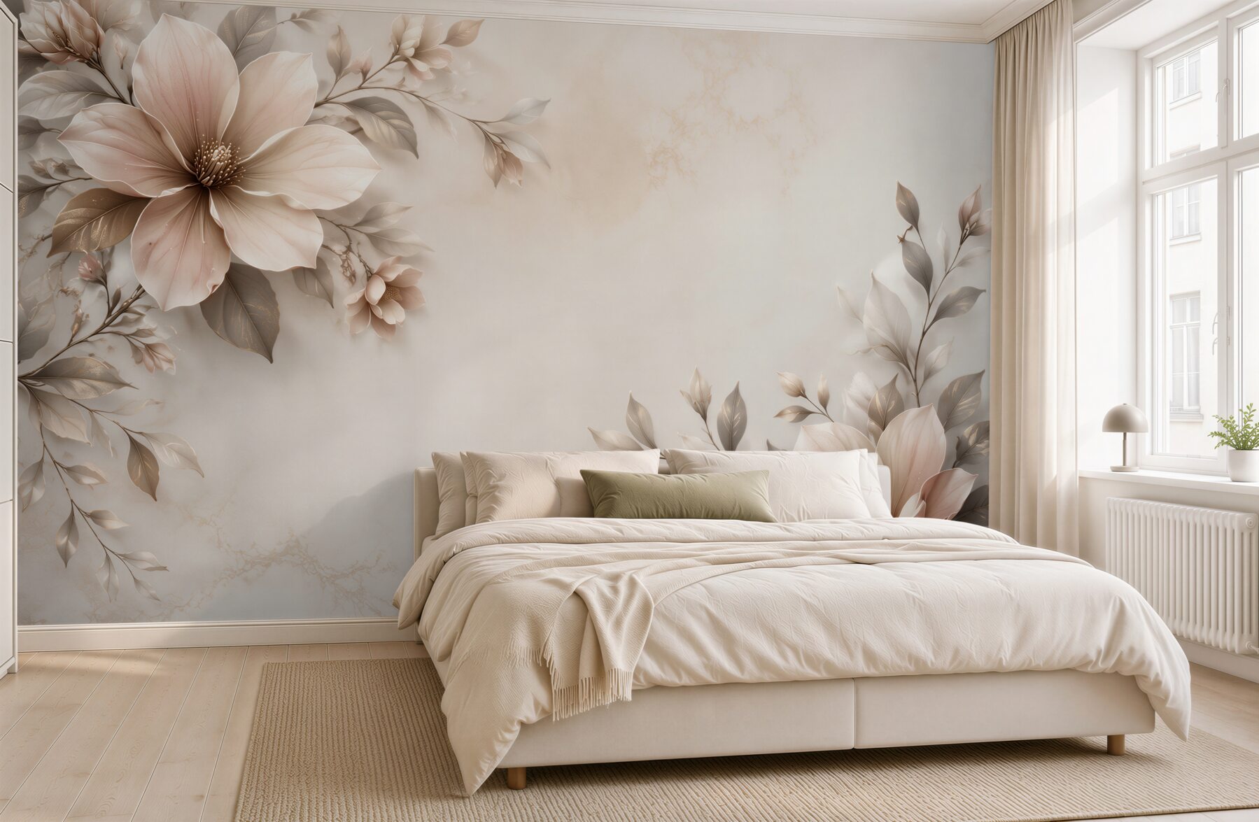 Fototapeta beżowe magnolie z liśćmi na marmurkowym tle elegancka?v23