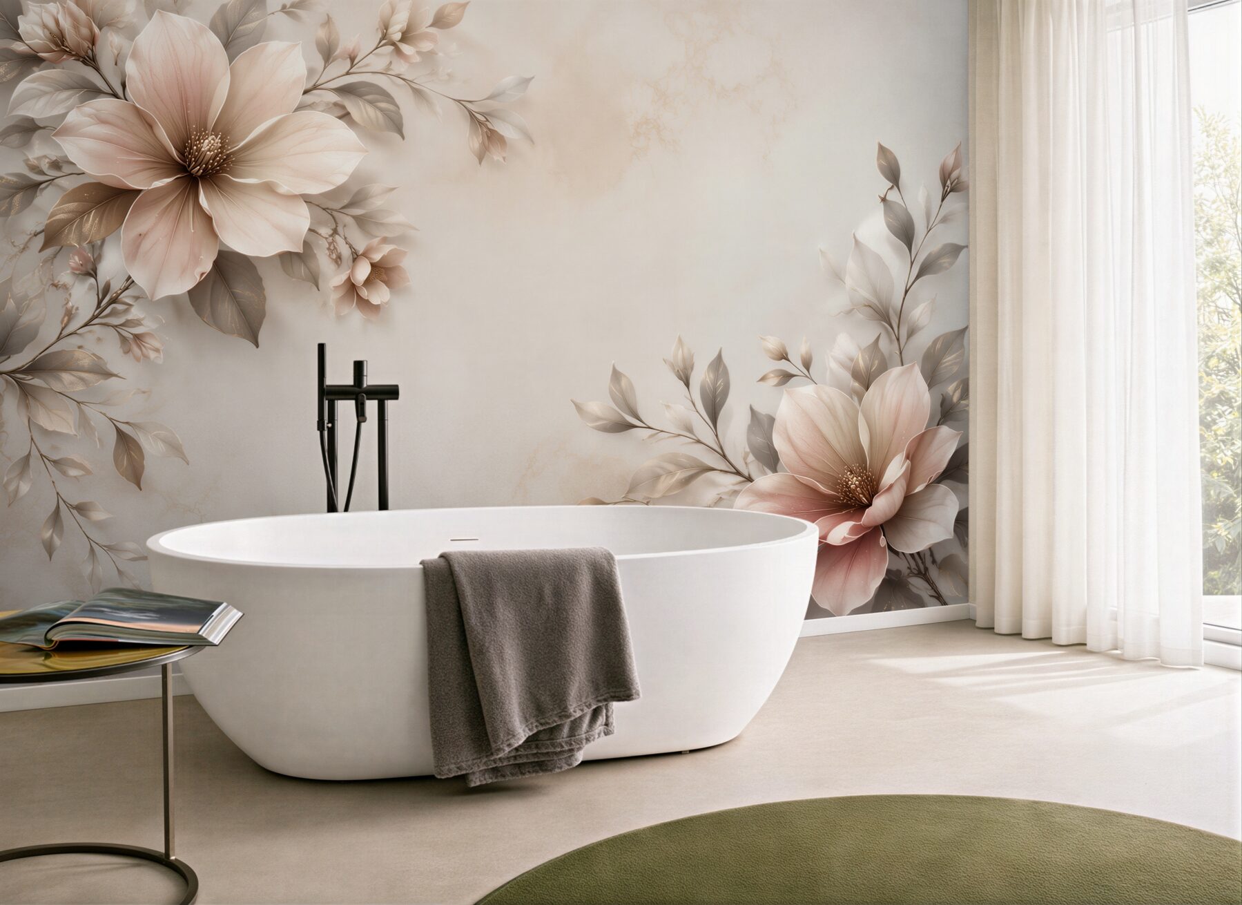 Fototapeta beżowe magnolie z liśćmi na marmurkowym tle elegancka?v23