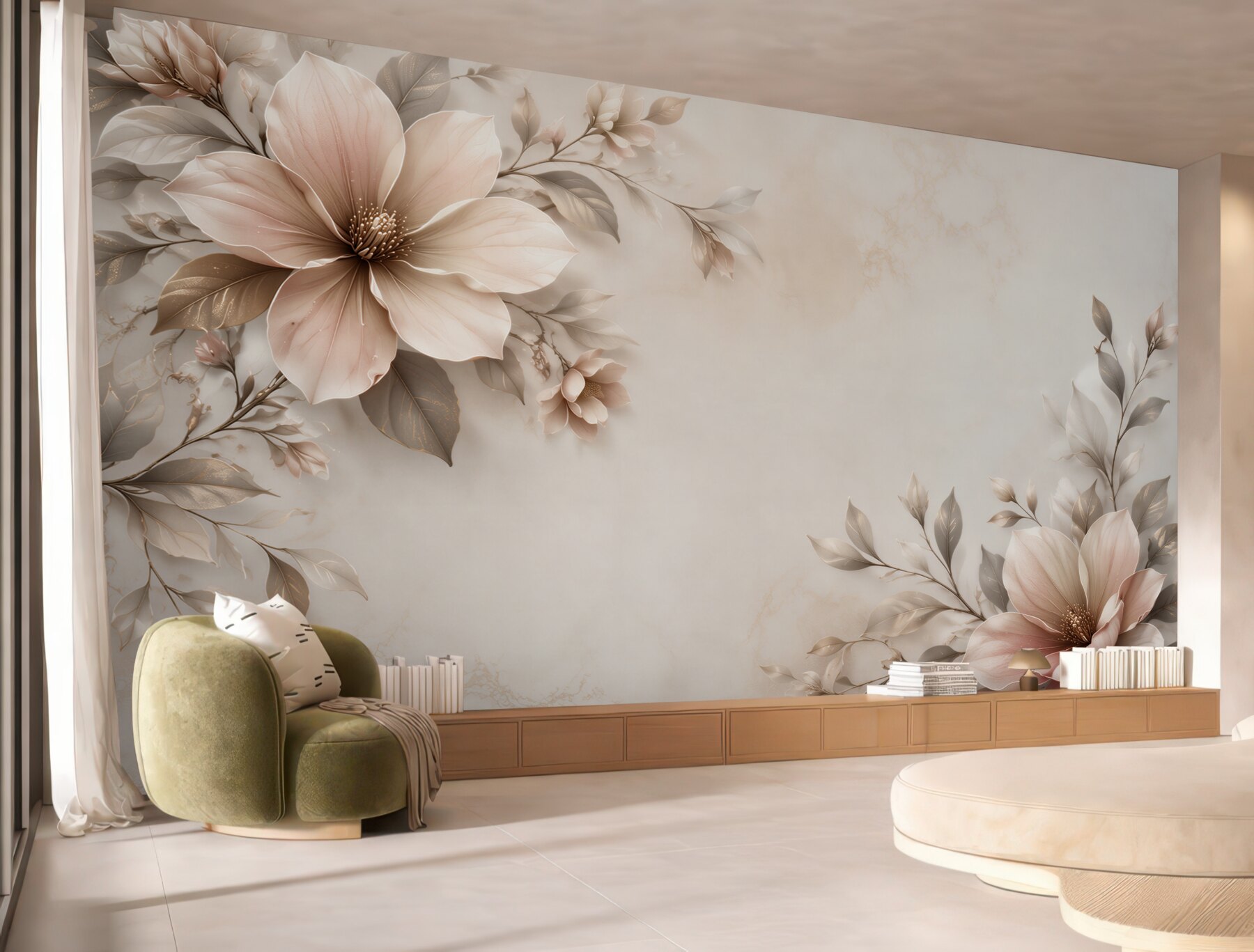 Fototapeta beżowe magnolie z liśćmi na marmurkowym tle elegancka?v23