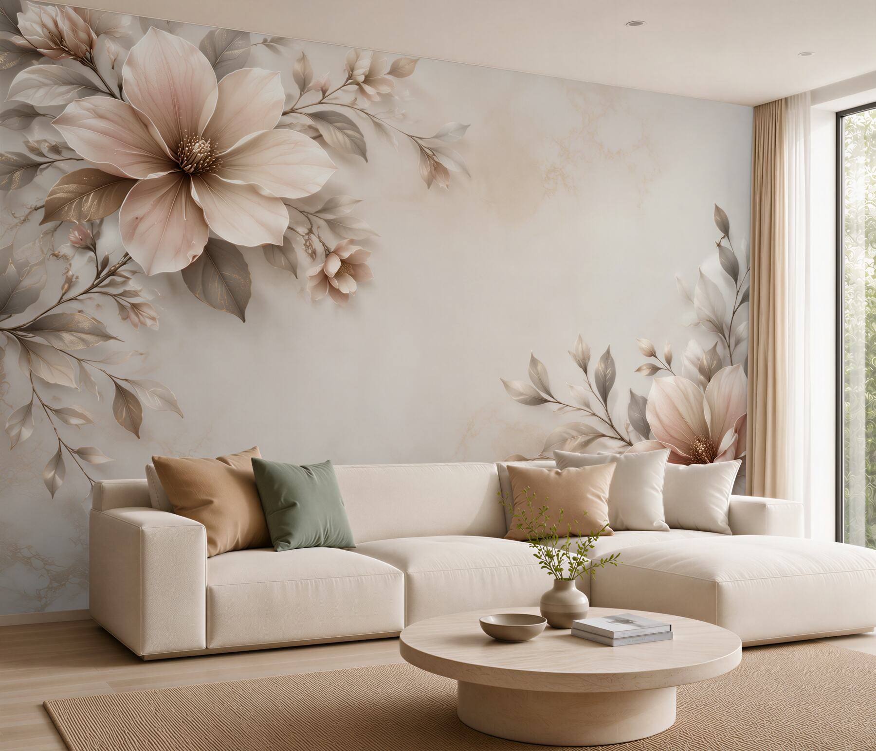 Fototapeta beżowe magnolie z liśćmi na marmurkowym tle elegancka?v23
