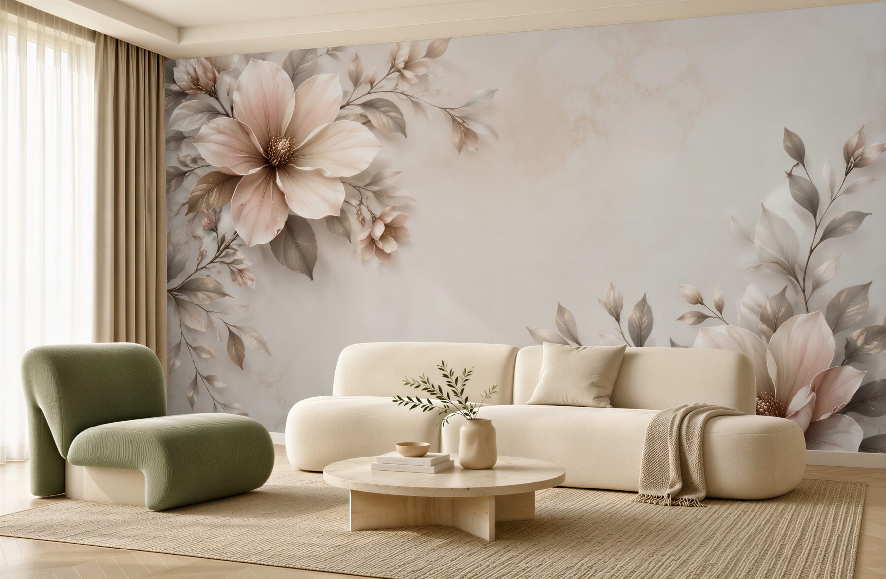Fototapeta beżowe magnolie z liśćmi na marmurkowym tle elegancka?v23