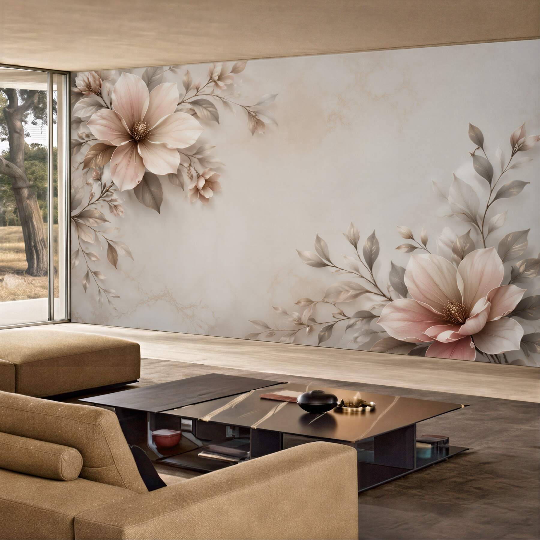 Fototapeta beżowe magnolie z liśćmi na marmurkowym tle elegancka?v23