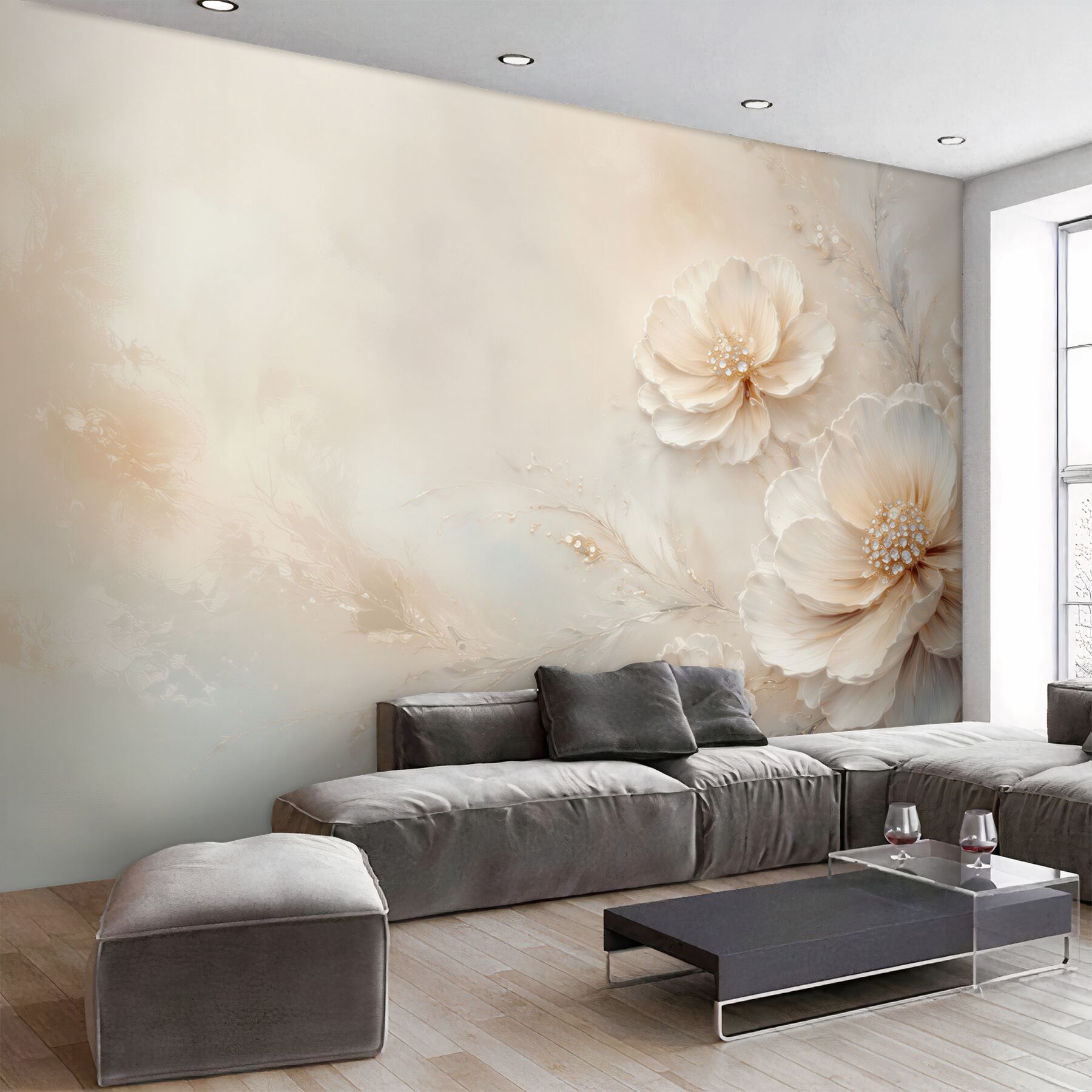 Fototapeta kremowe kwiaty 3D z perłowym środkiem elegancka?v23