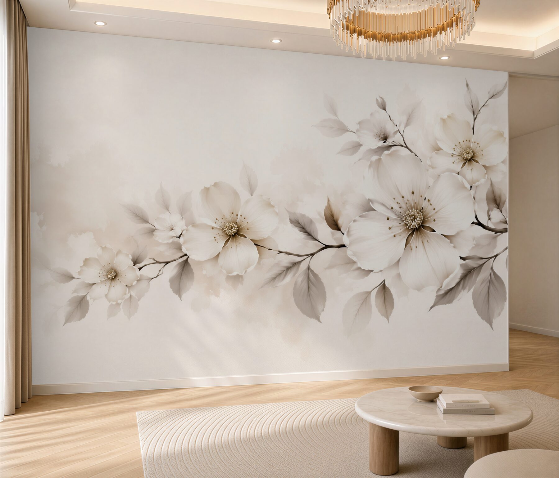 Fototapeta białe kwiaty na gałęzi w beżowych tonach elegancka?v23