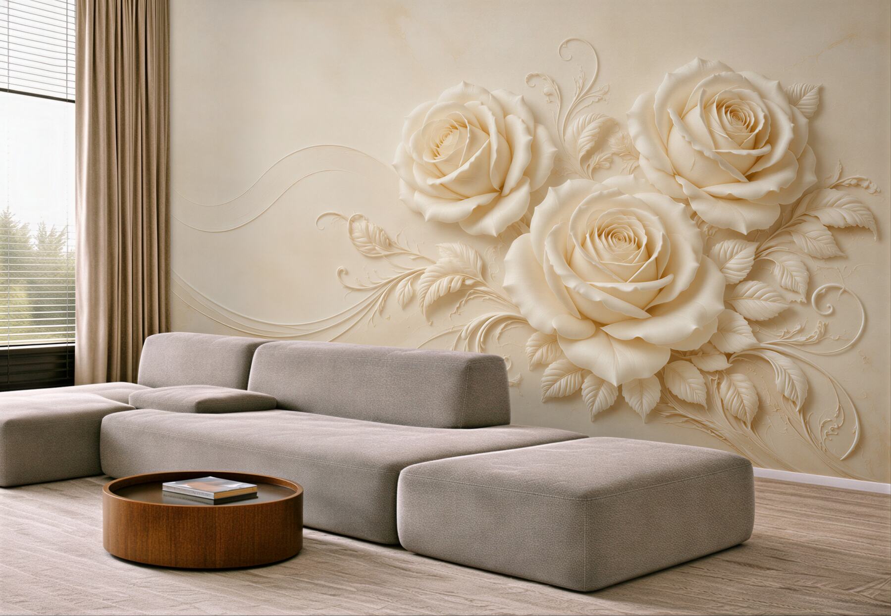 Fototapeta kremowe róże 3D na beżowym tle elegancka?v23