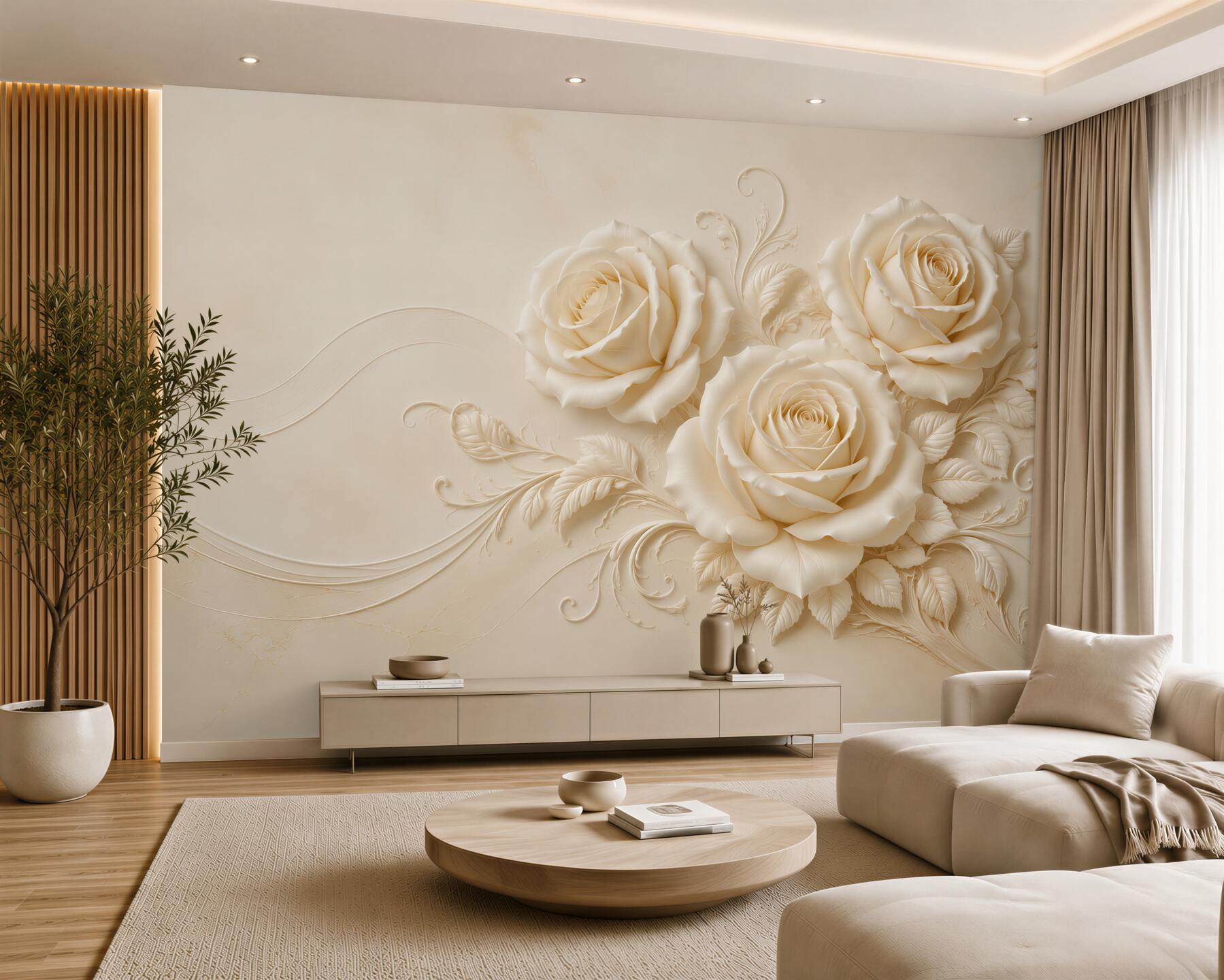 Fototapeta kremowe róże 3D na beżowym tle elegancka?v23
