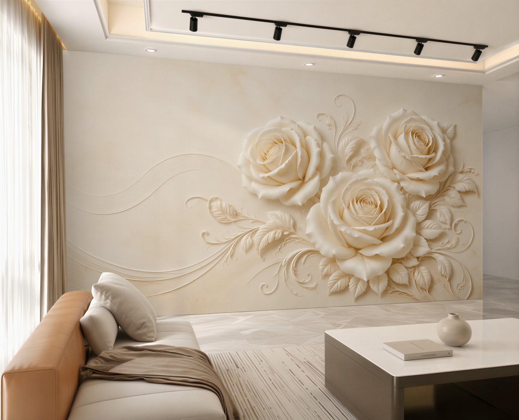 Fototapeta kremowe róże 3D na beżowym tle elegancka?v23