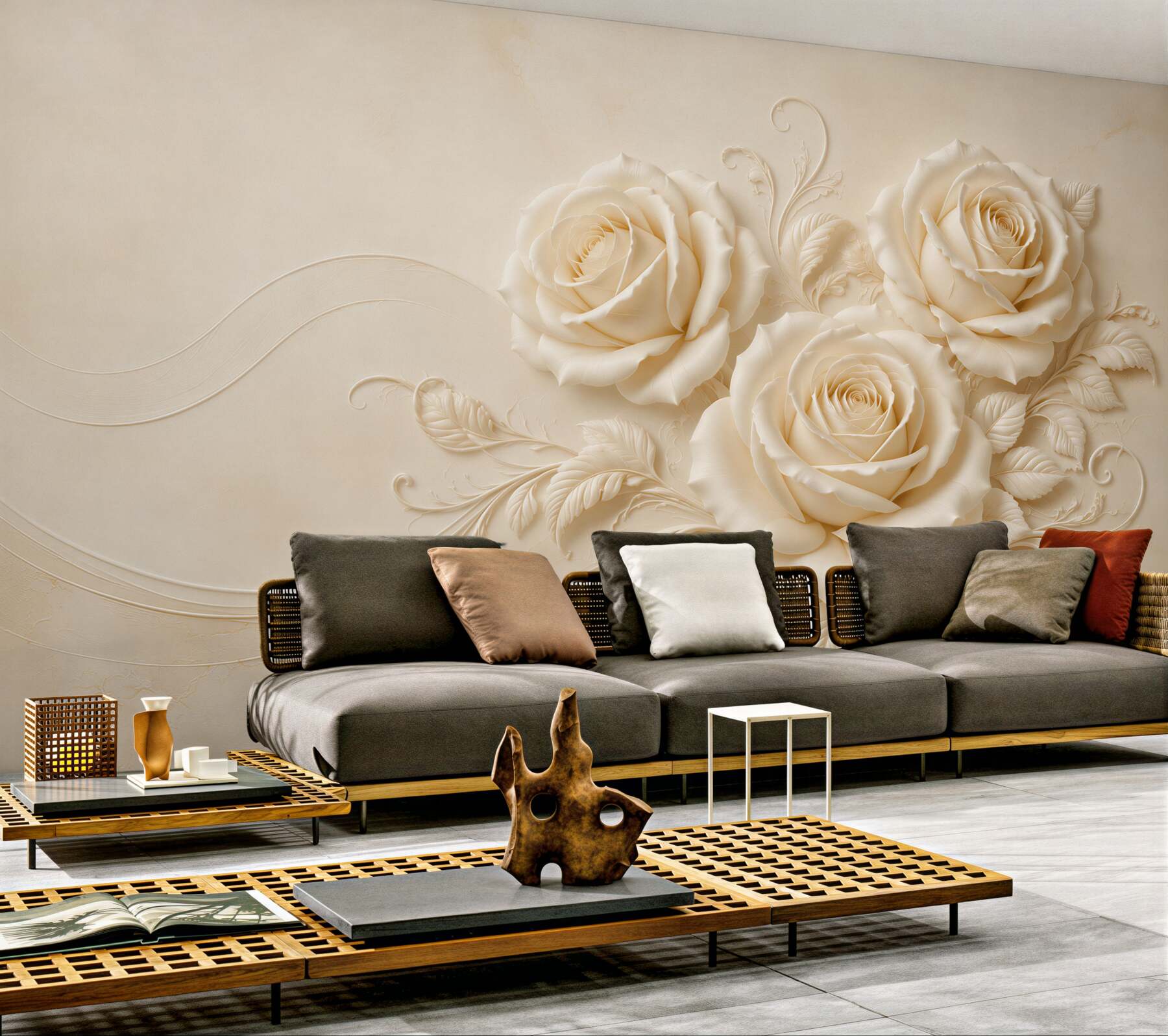 Fototapeta kremowe róże 3D na beżowym tle elegancka?v23