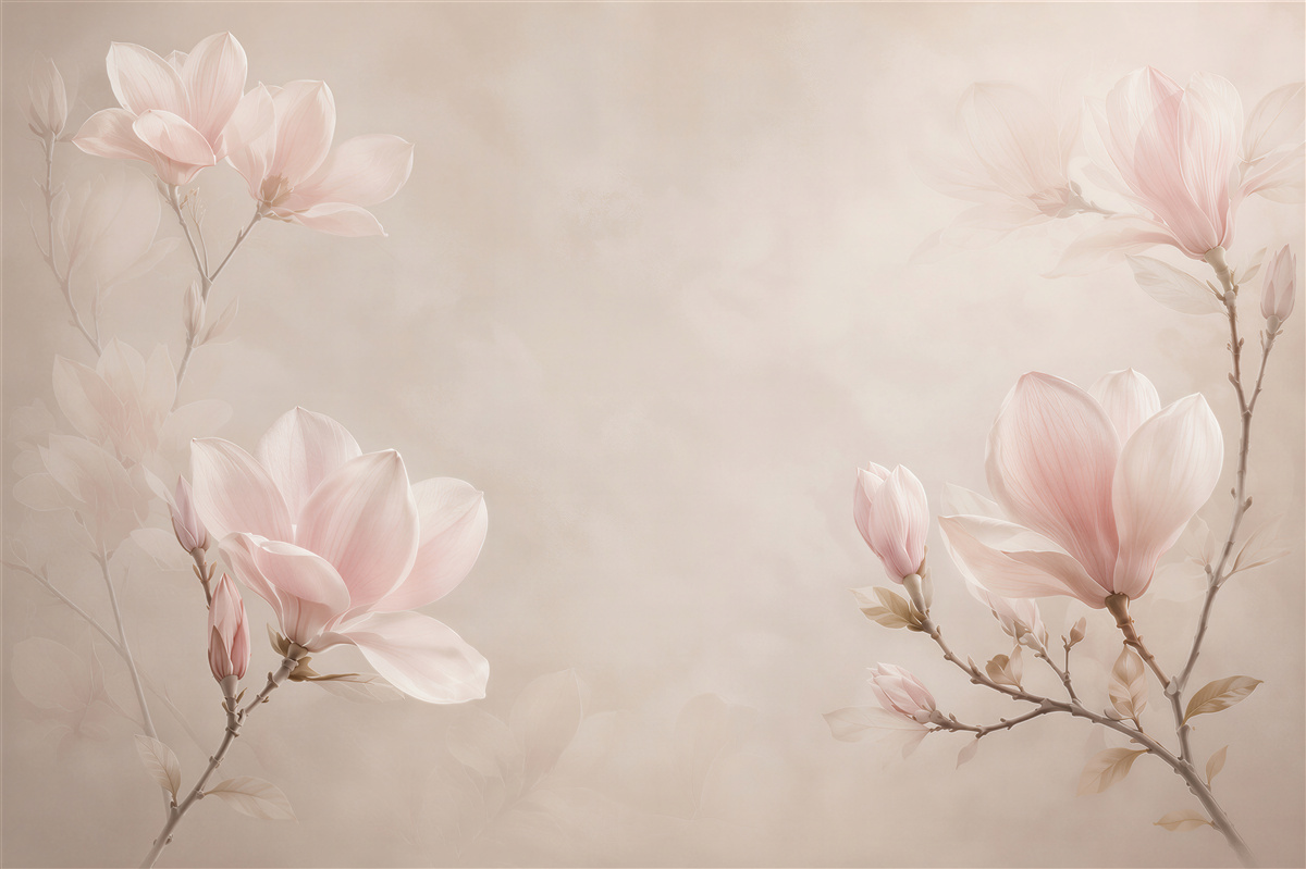 Fototapeta magnolie pudroworóżowe na beżowym tle do eleganckiej sypialni