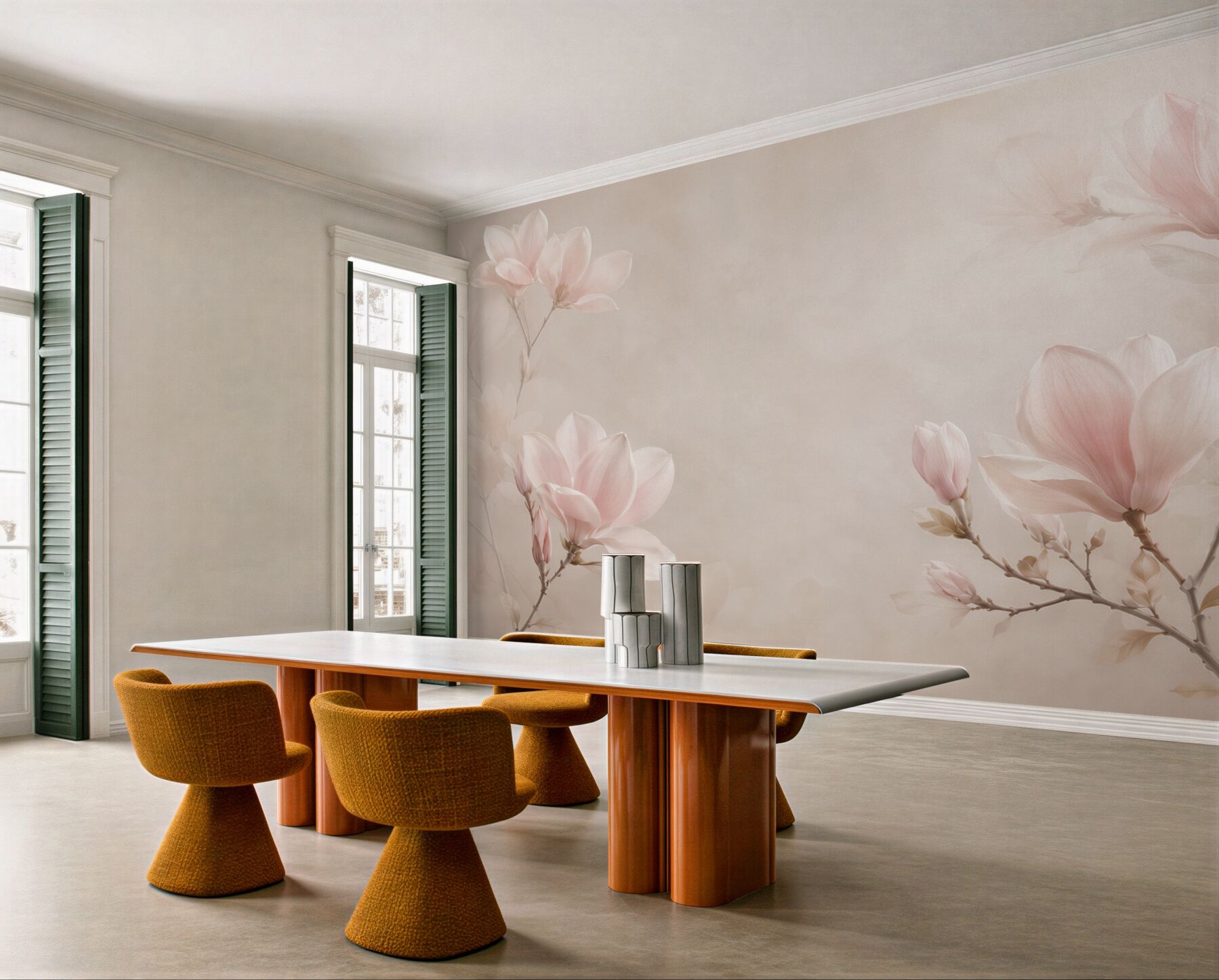 Fototapeta magnolie pudroworóżowe na beżowym tle do eleganckiej sypialni?v23