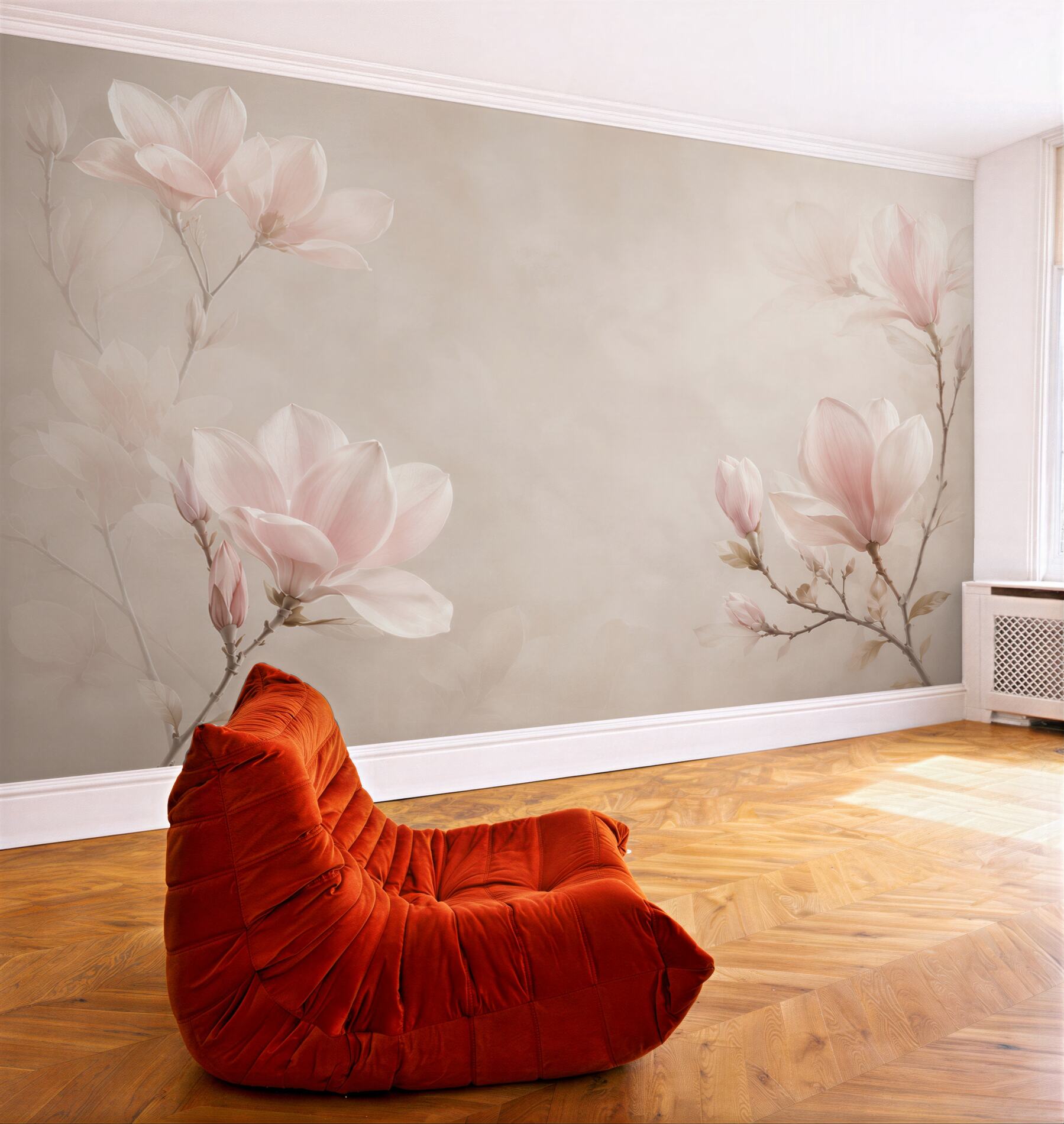 Fototapeta magnolie pudroworóżowe na beżowym tle do eleganckiej sypialni?v23