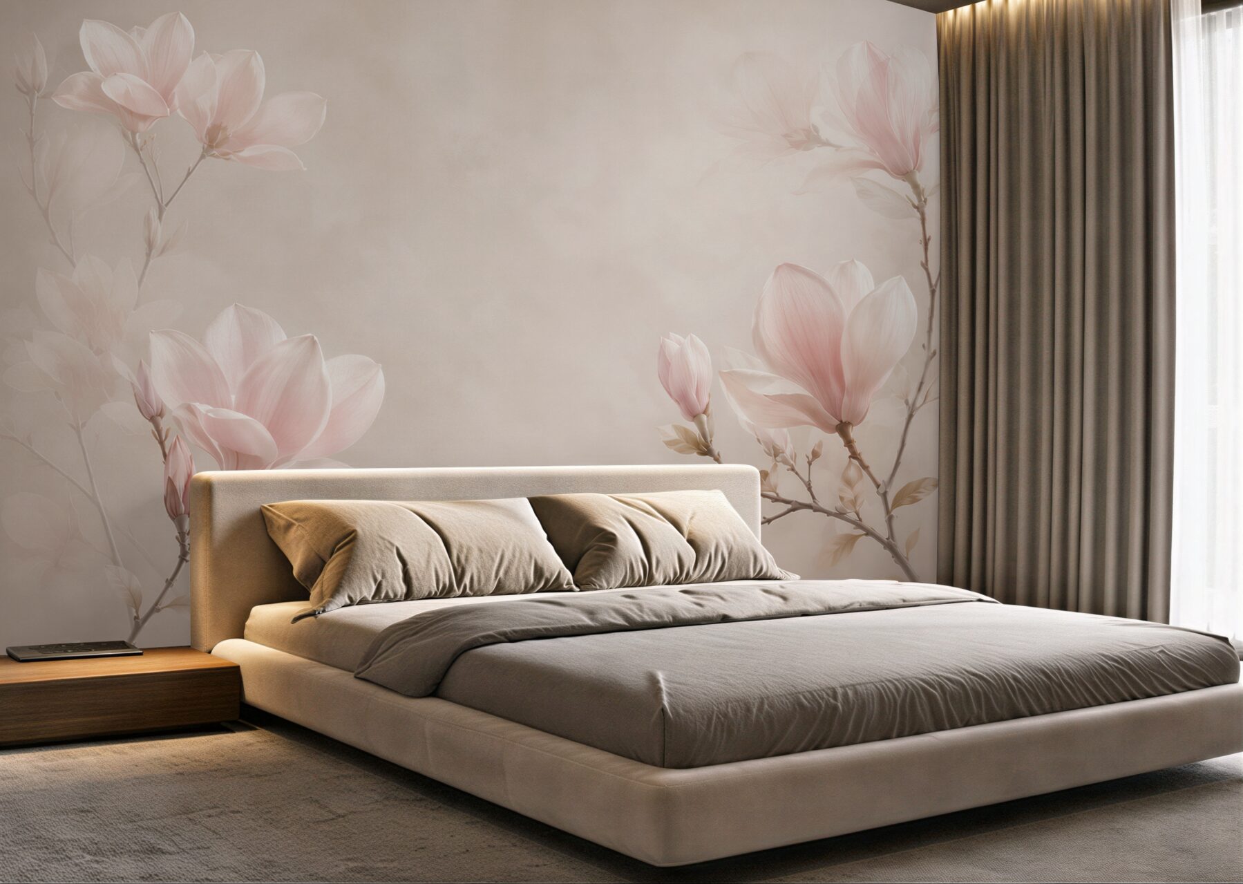 Fototapeta magnolie pudroworóżowe na beżowym tle do eleganckiej sypialni?v23