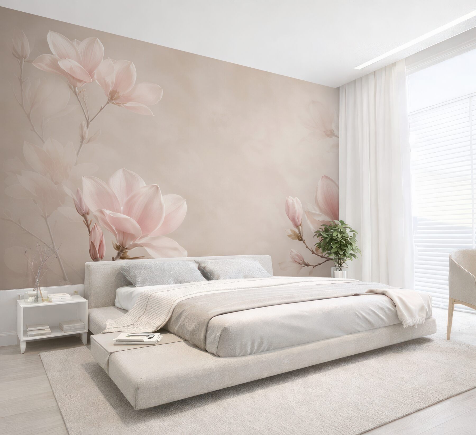 Fototapeta magnolie pudroworóżowe na beżowym tle do eleganckiej sypialni?v23