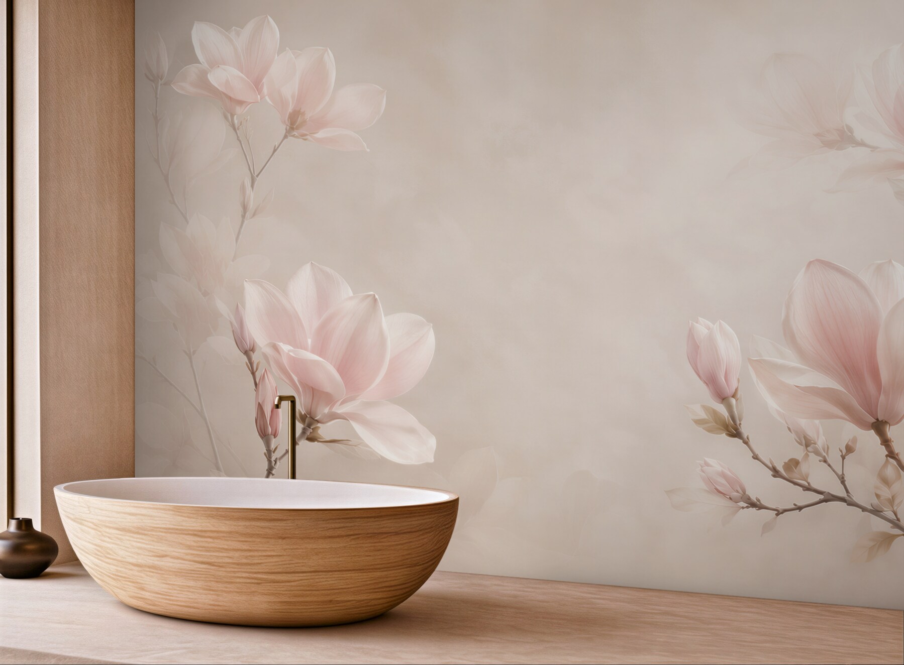 Fototapeta magnolie pudroworóżowe na beżowym tle do eleganckiej sypialni?v23