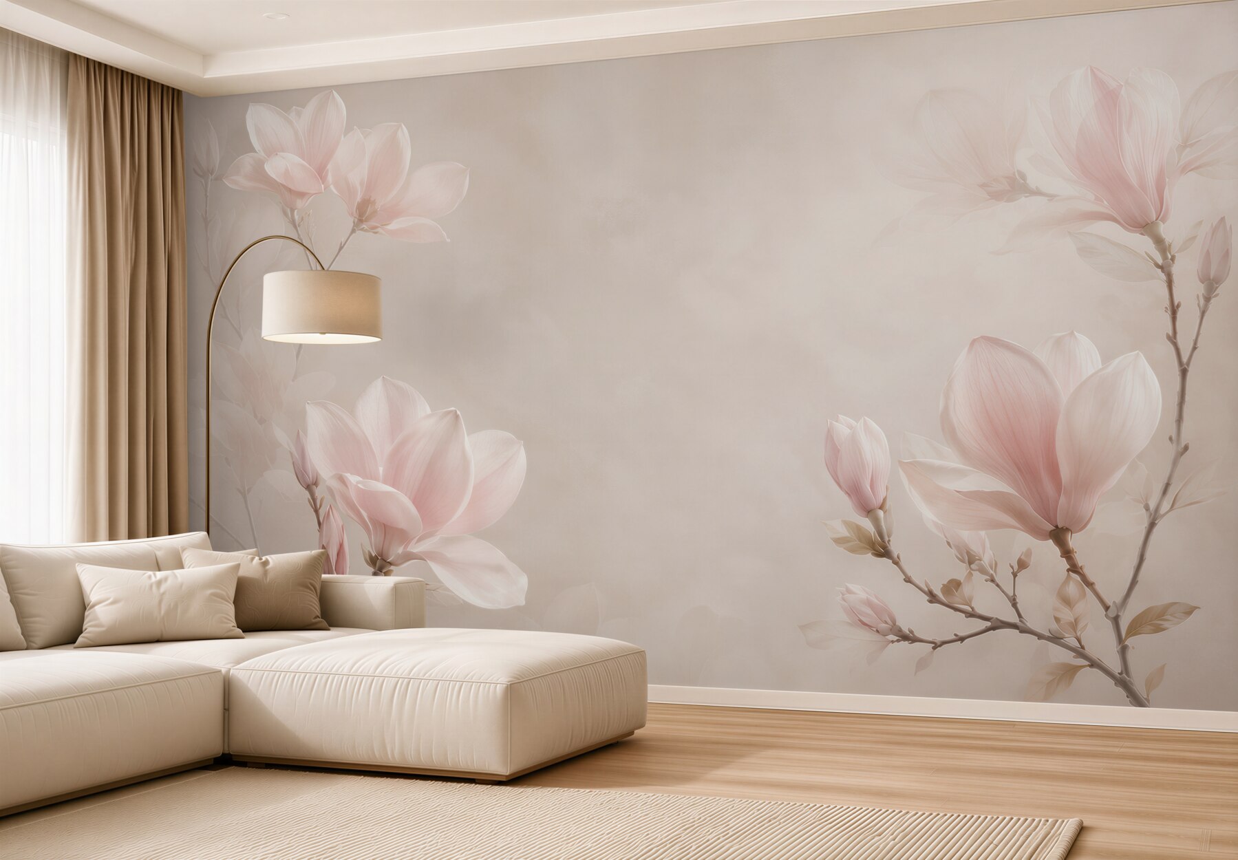 Fototapeta magnolie pudroworóżowe na beżowym tle do eleganckiej sypialni?v23