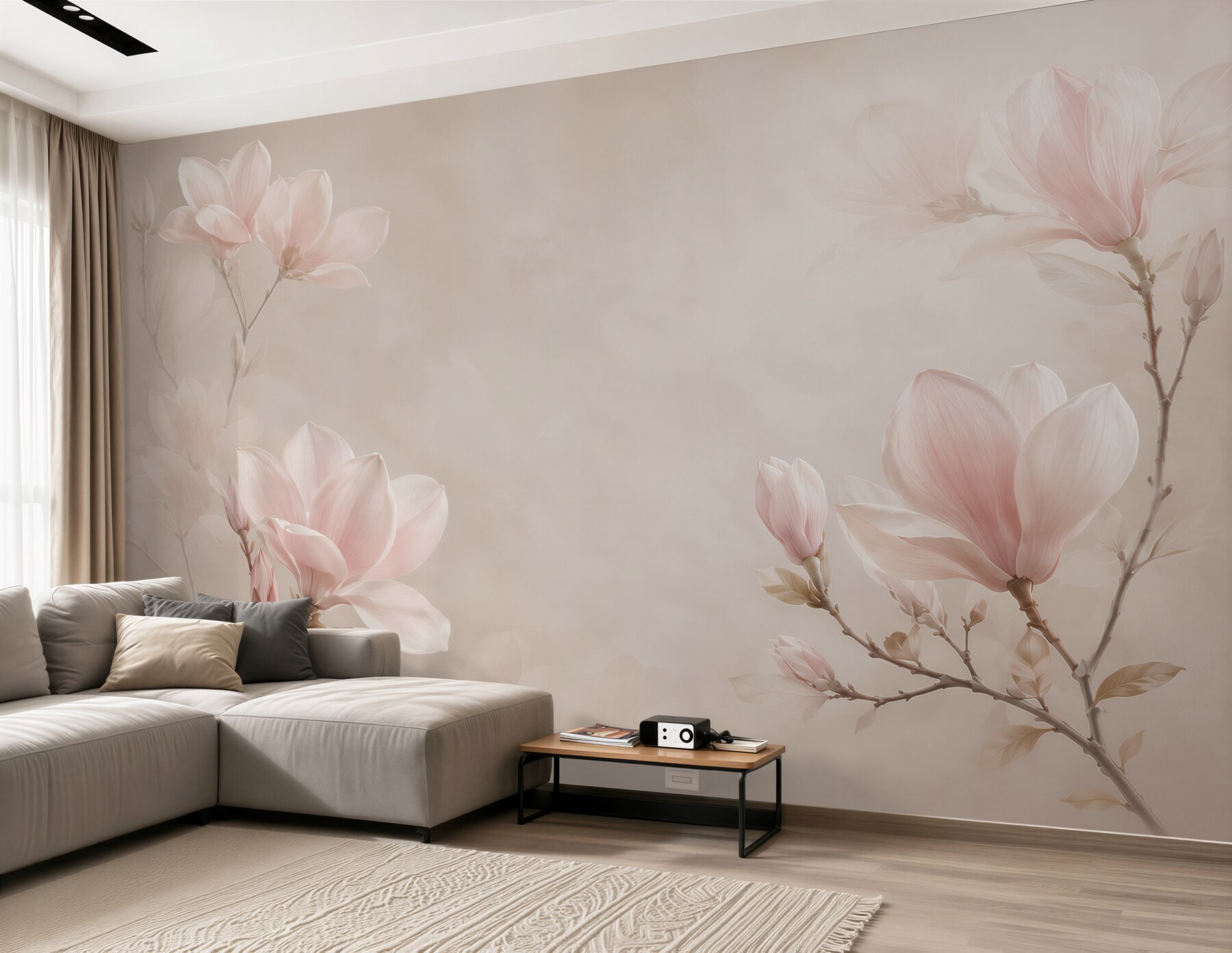 Fototapeta magnolie pudroworóżowe na beżowym tle do eleganckiej sypialni?v23