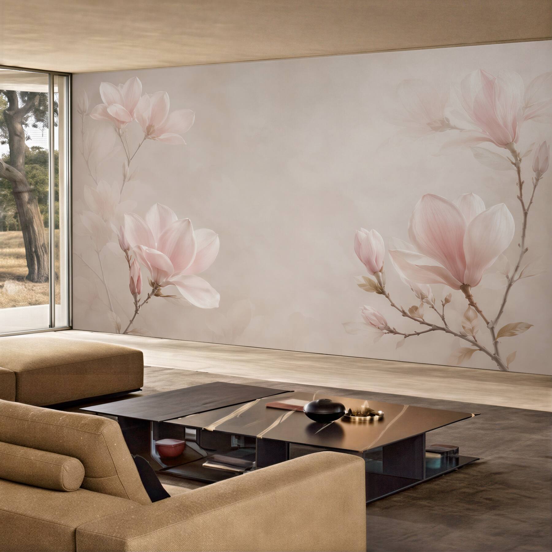 Fototapeta magnolie pudroworóżowe na beżowym tle do eleganckiej sypialni?v23