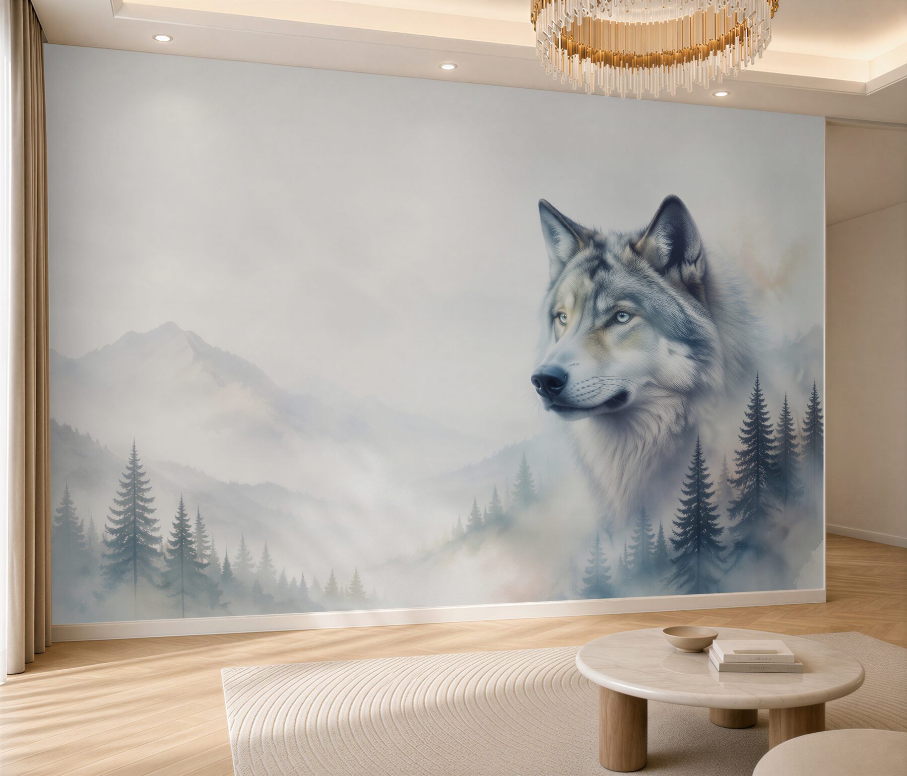 Fototapeta wilk w górskiej mgle z lasem w chłodnych szarościach?v23
