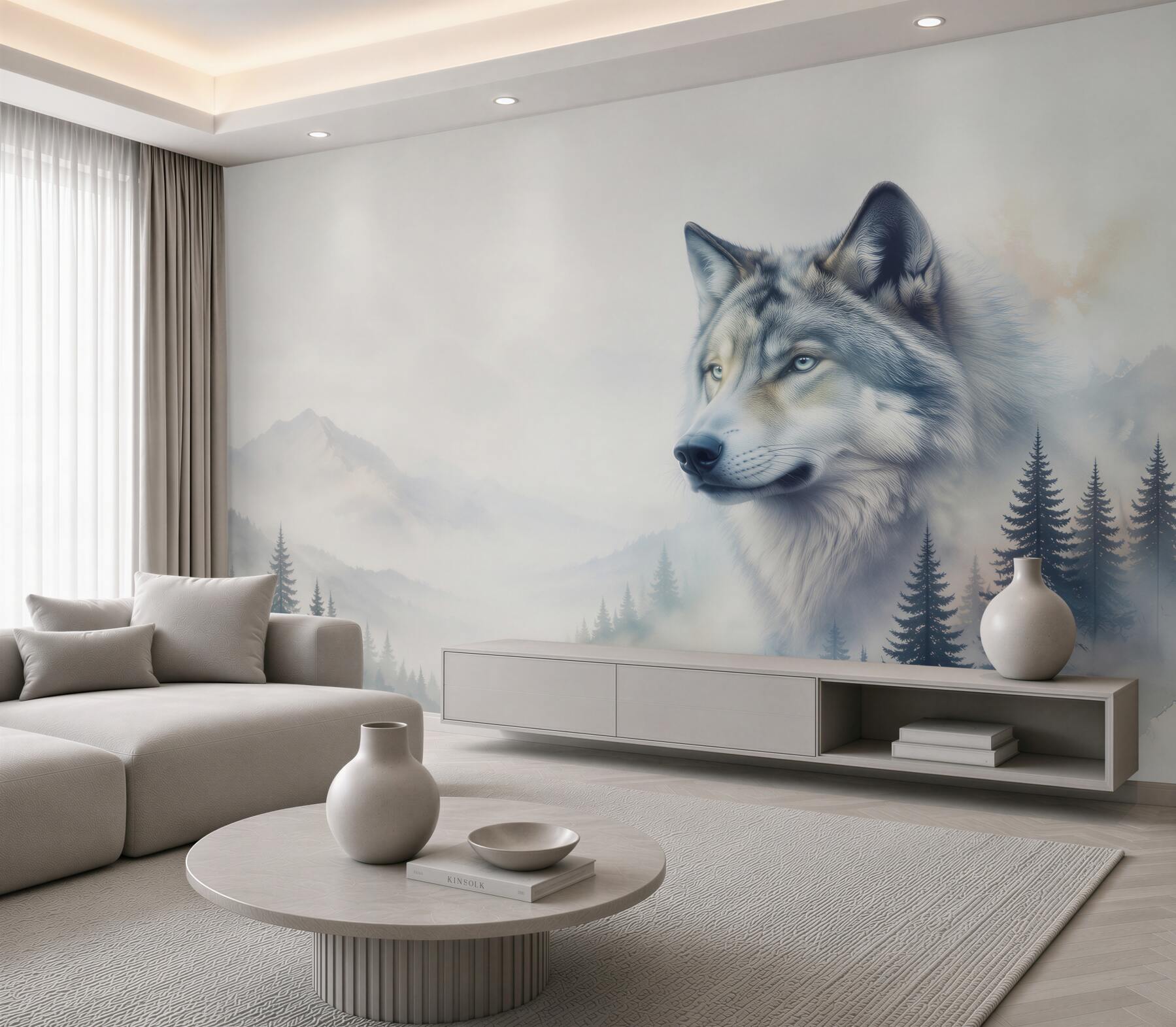 Fototapeta wilk w górskiej mgle z lasem w chłodnych szarościach?v23