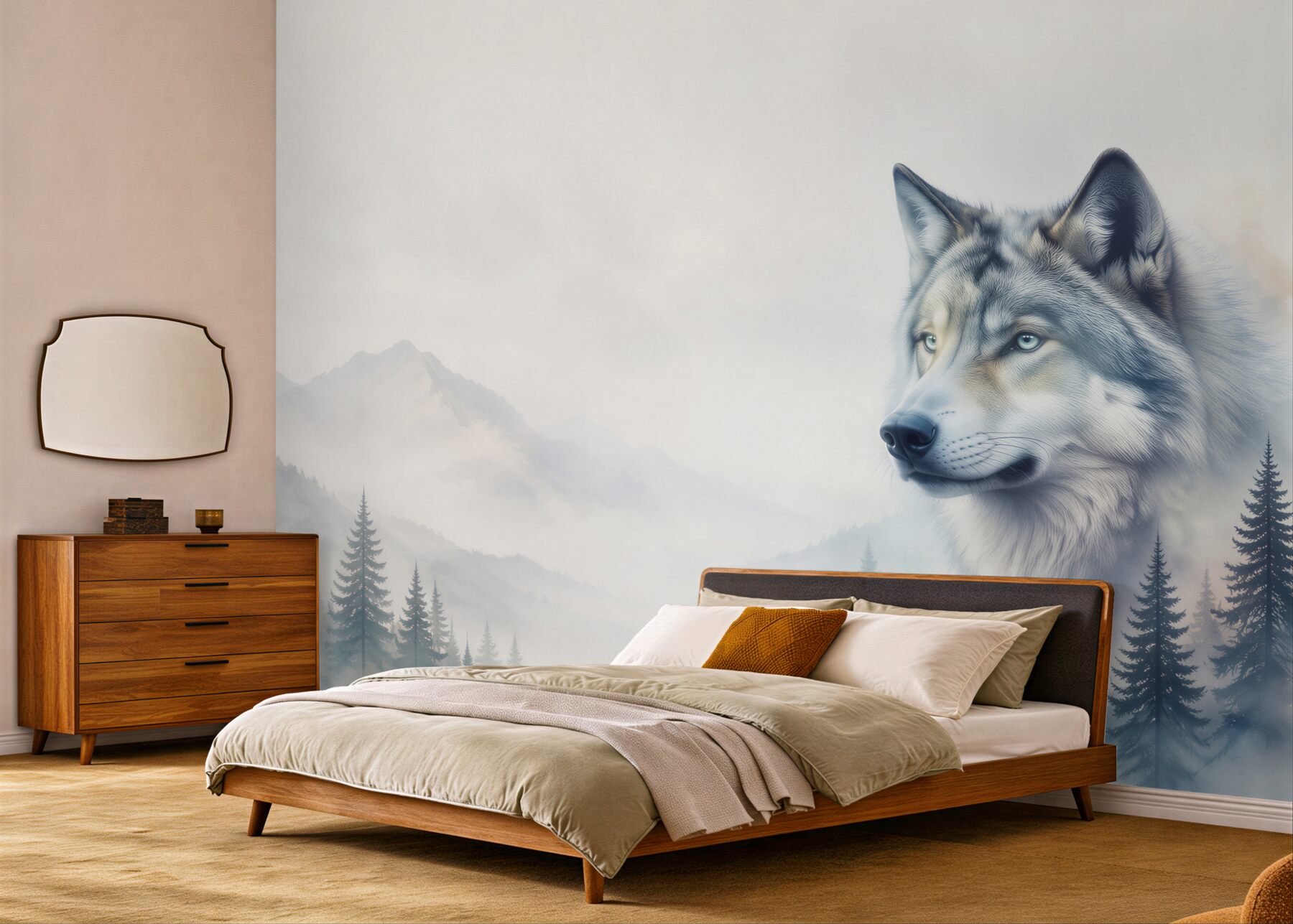 Fototapeta wilk w górskiej mgle z lasem w chłodnych szarościach?v23