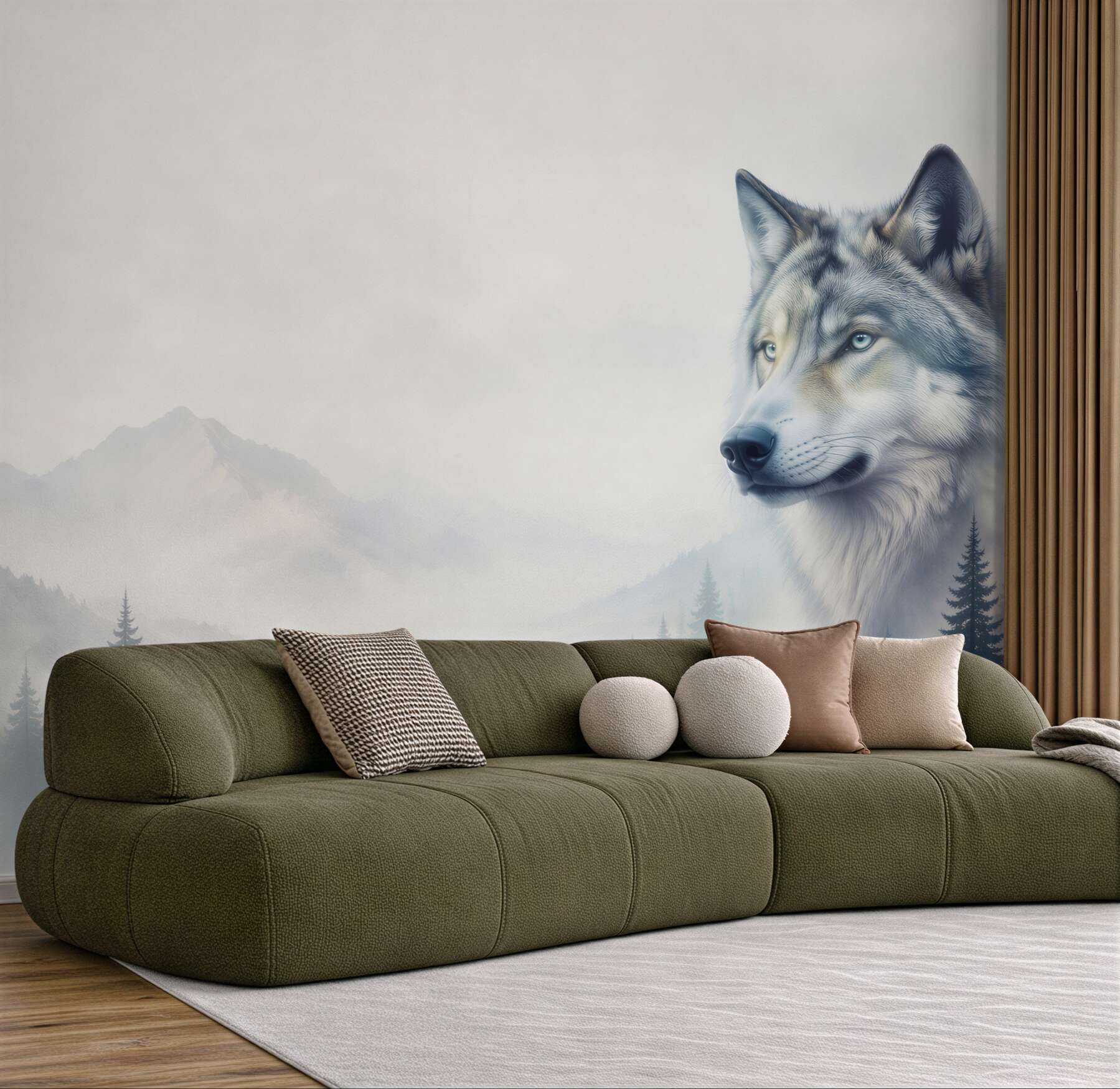 Fototapeta wilk w górskiej mgle z lasem w chłodnych szarościach?v23