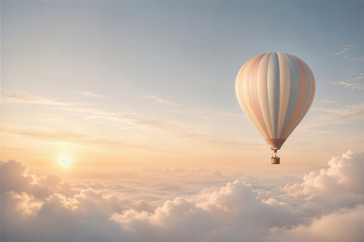 Fototapeta balon nad chmurami o świcie pastelowe niebo
