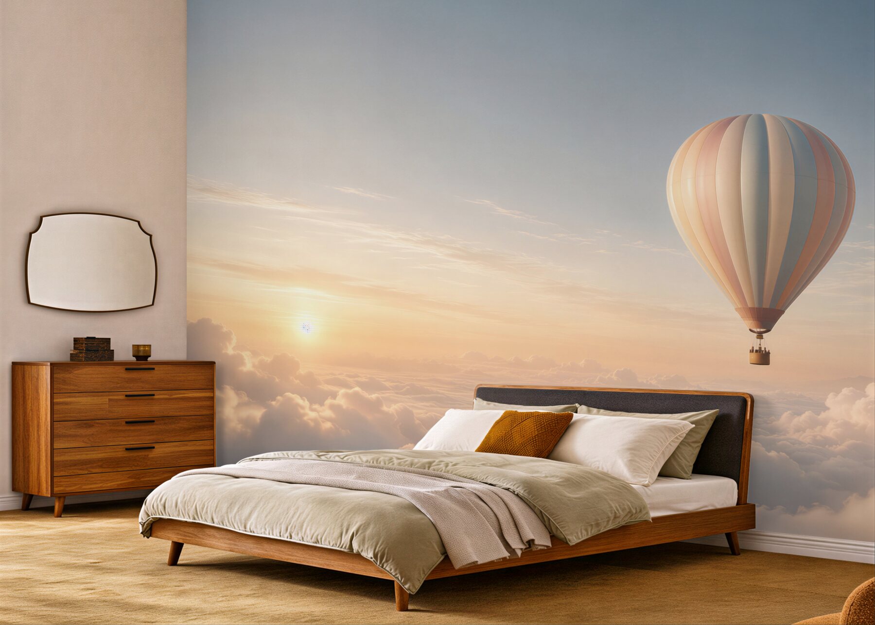 Fototapeta balon nad chmurami o świcie pastelowe niebo