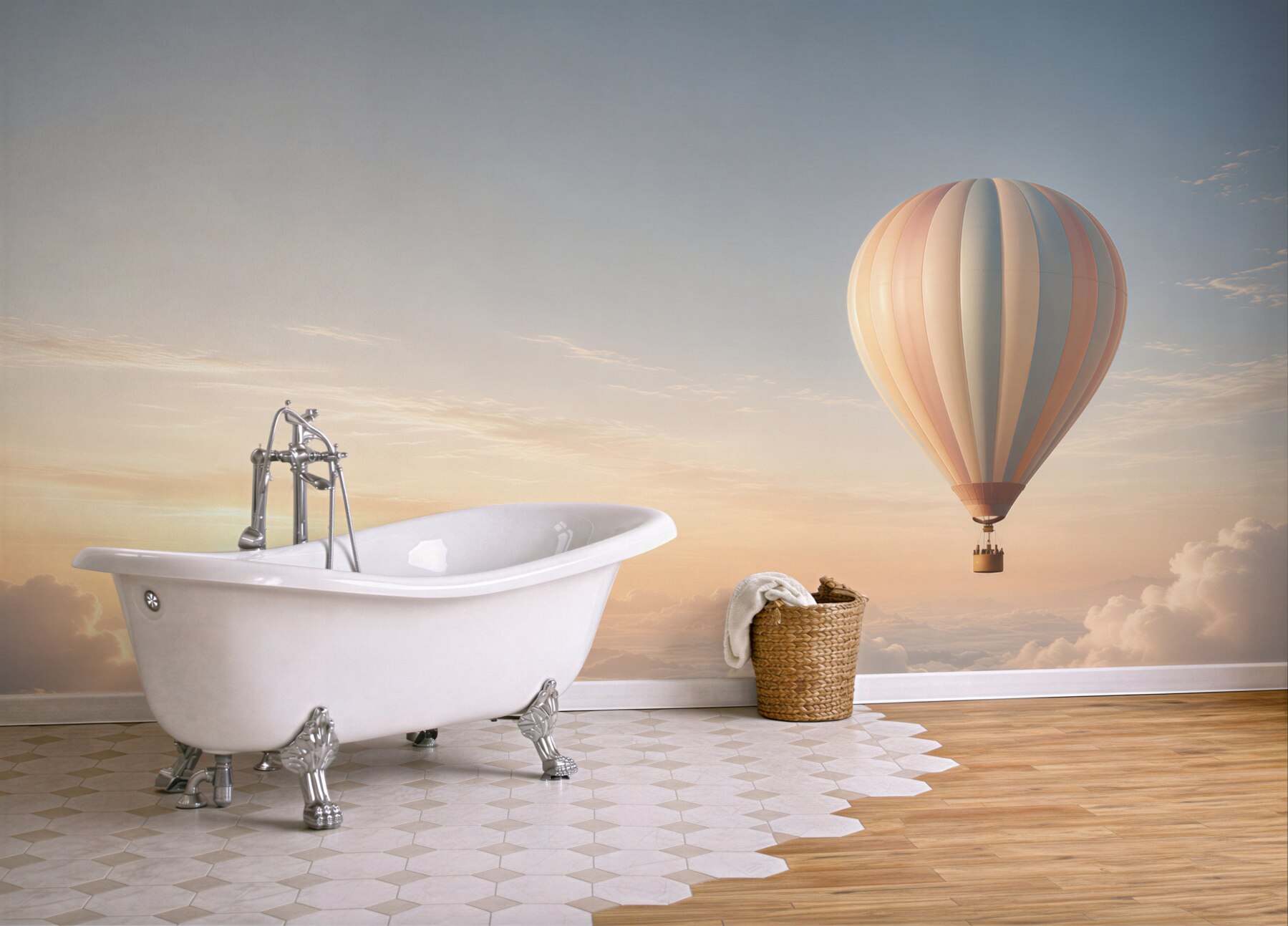 Fototapeta balon nad chmurami o świcie pastelowe niebo?v23