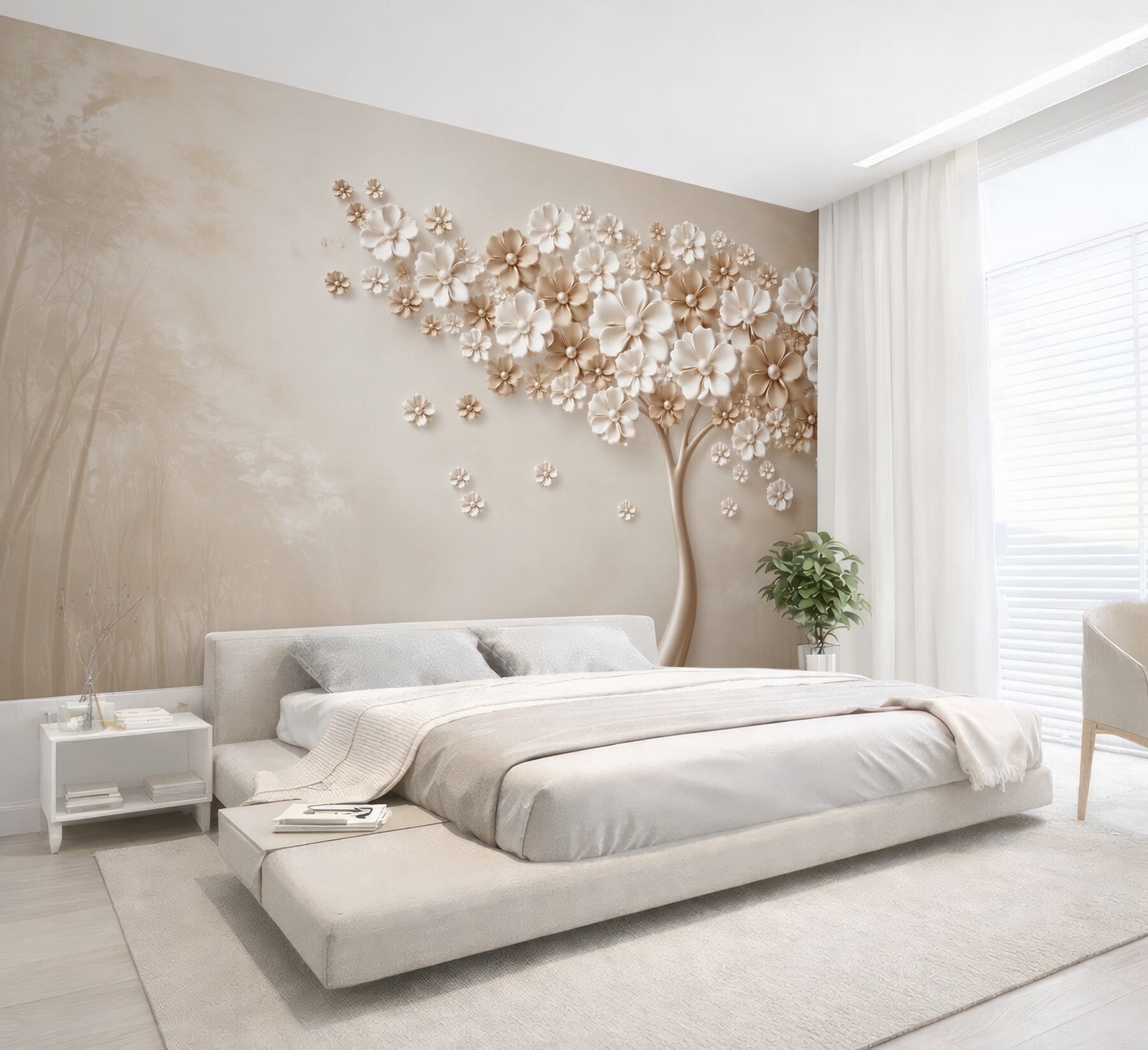 Fototapeta drzewo z kwiatów beżowe efekt 3D eleganckie?v23