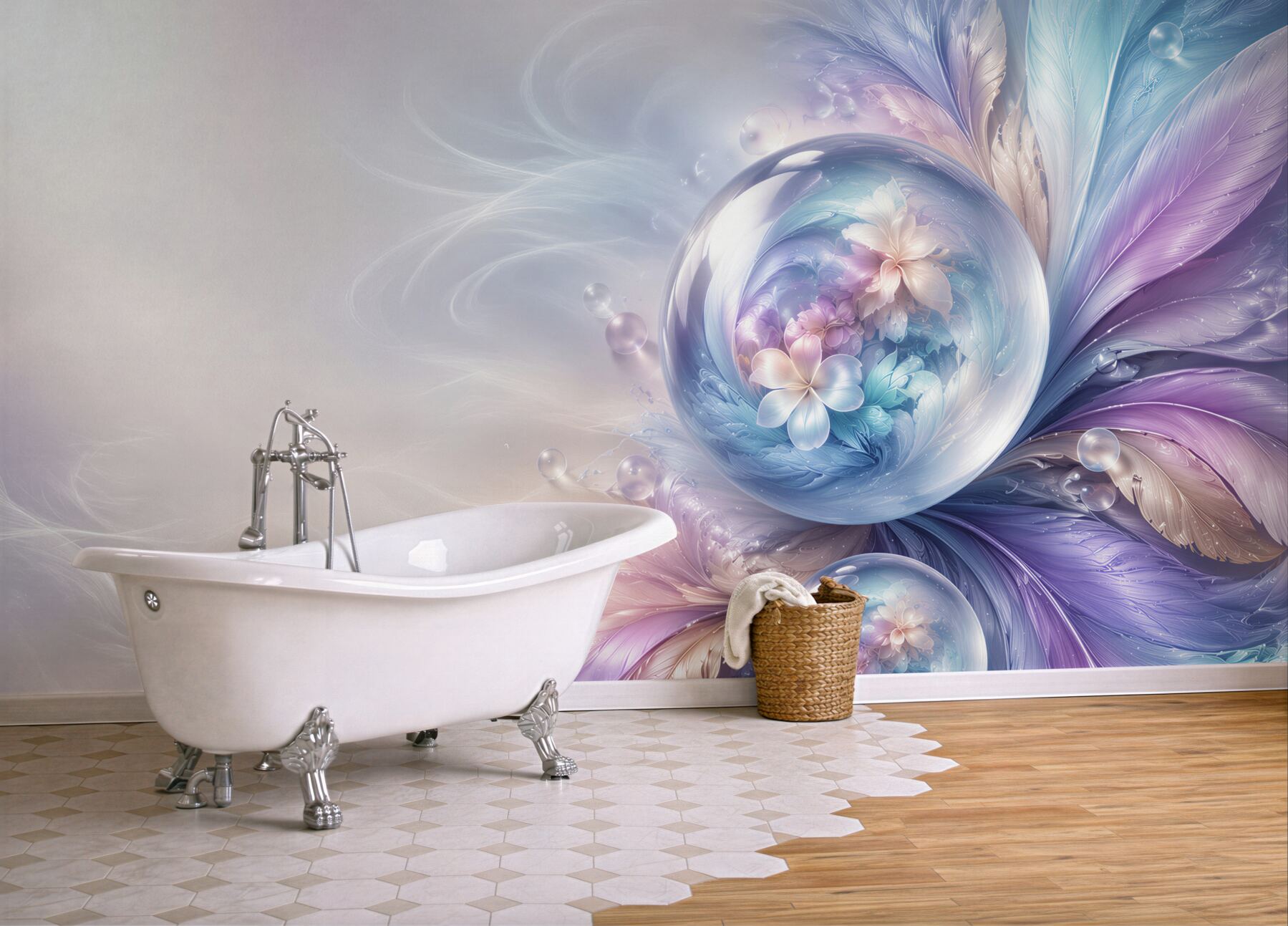 Fototapeta abstrakcyjne pióra i szklane kule pastelowa fantasy?v23