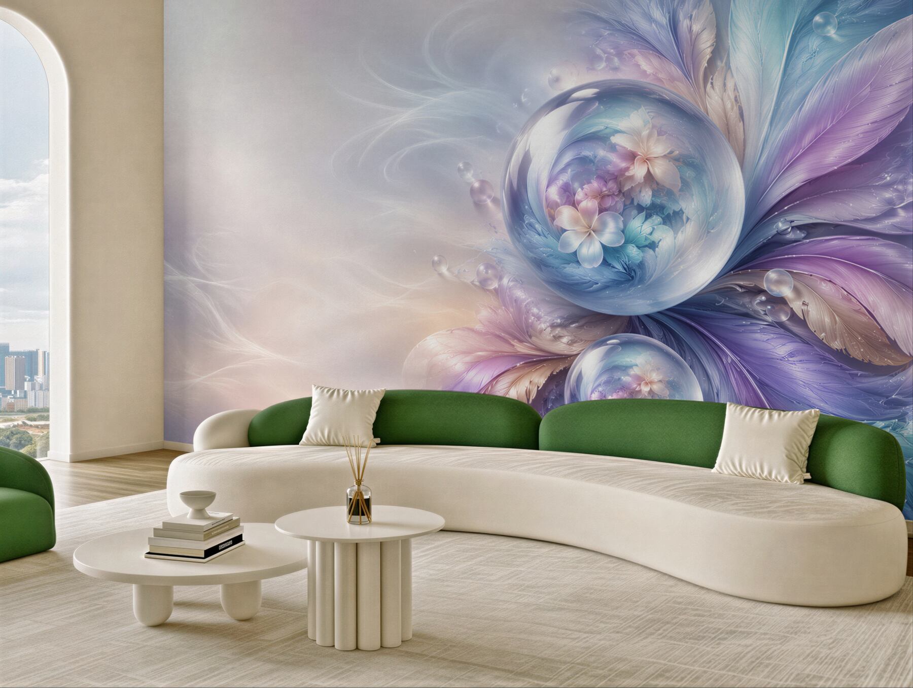 Fototapeta abstrakcyjne pióra i szklane kule pastelowa fantasy?v23