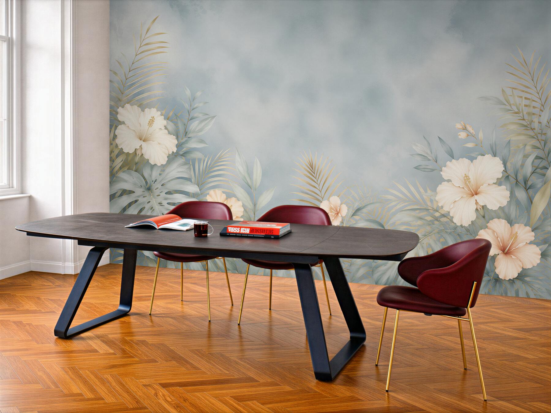 Fototapeta hibiskusy i liście tropikalne błękitno beżowa elegancka?v23