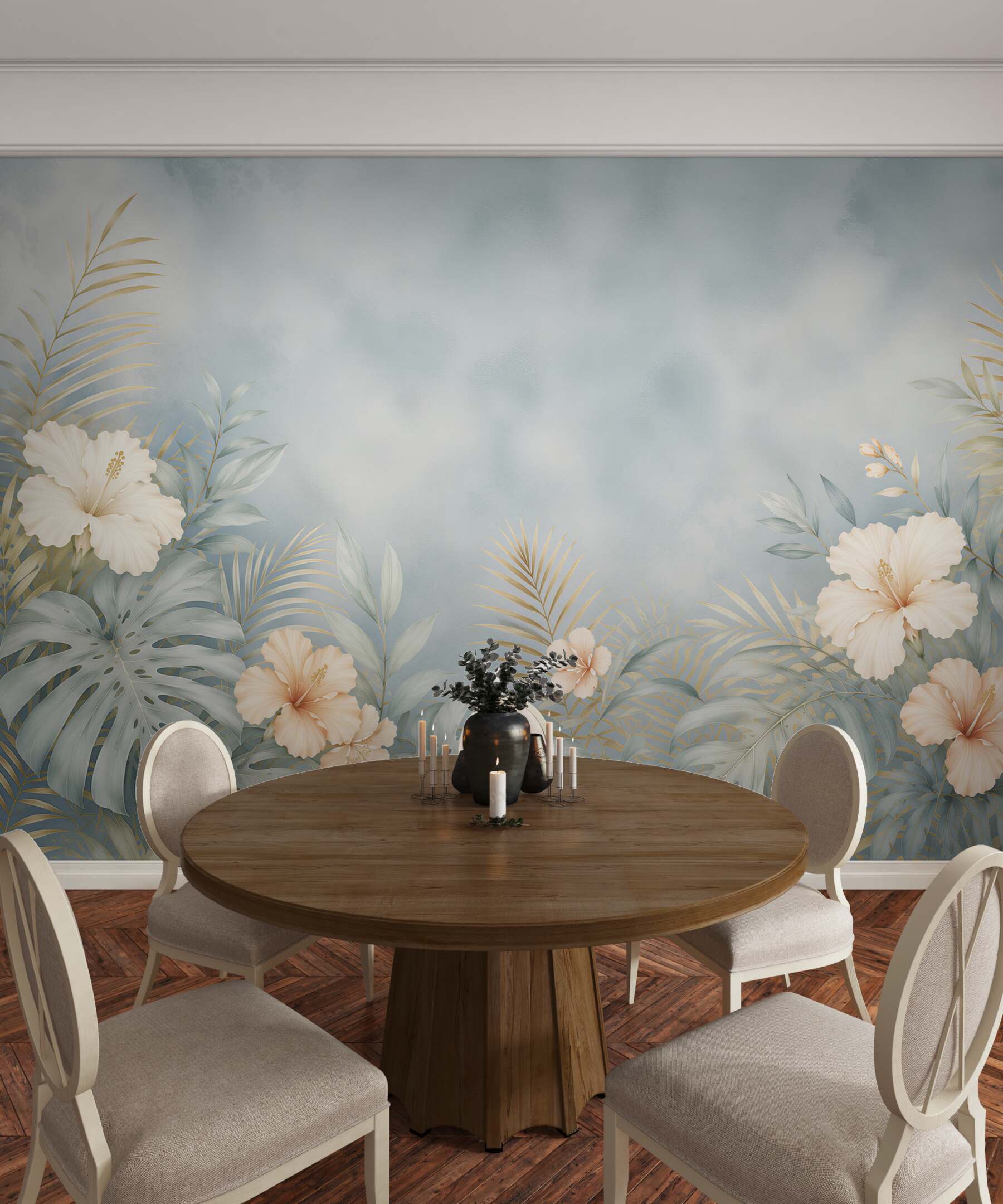 Fototapeta hibiskusy i liście tropikalne błękitno beżowa elegancka?v23