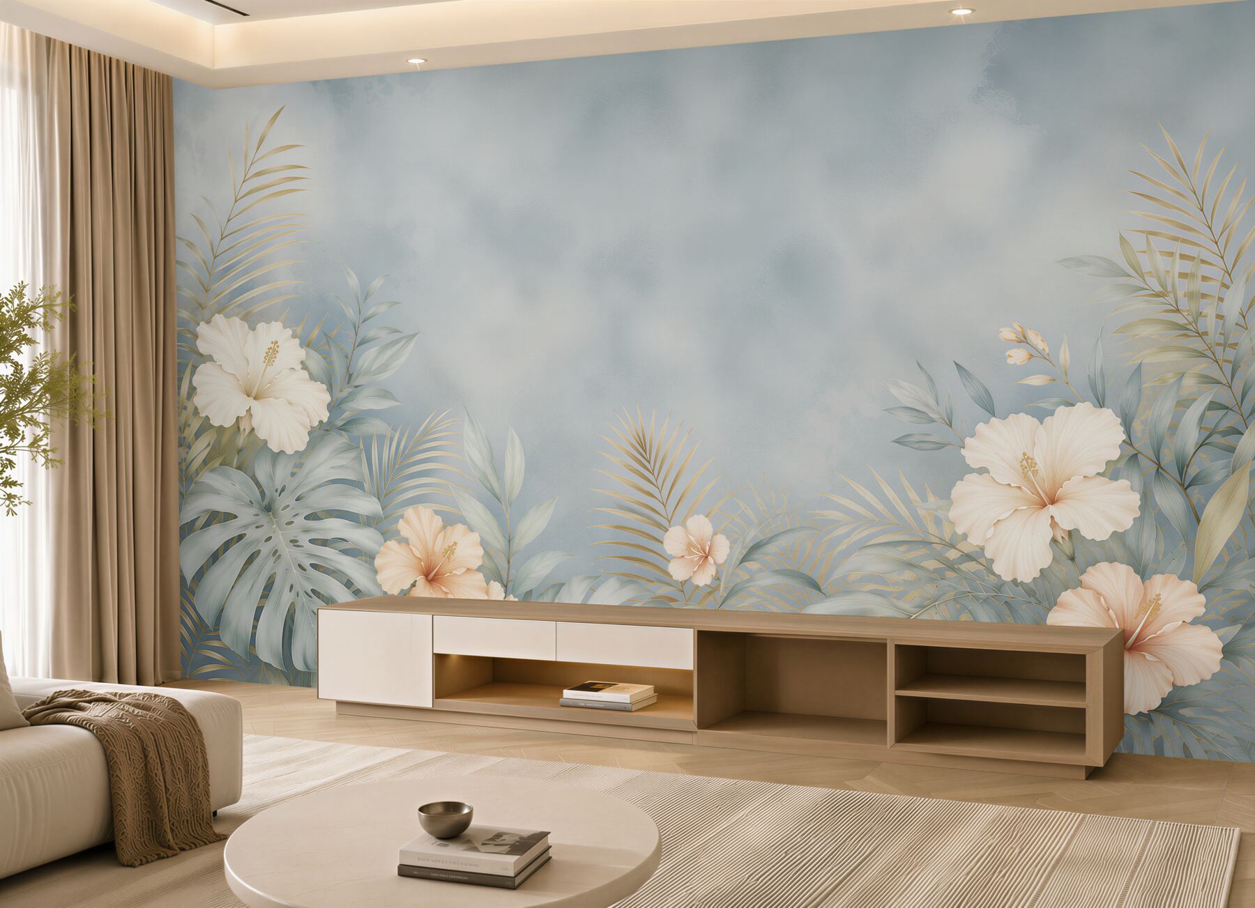 Fototapeta hibiskusy i liście tropikalne błękitno beżowa elegancka?v23