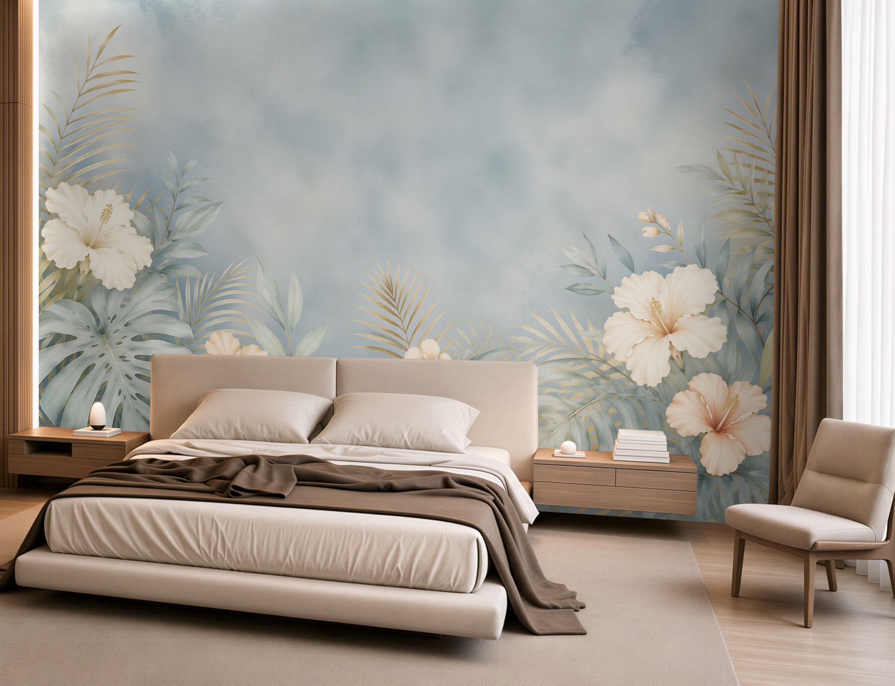 Fototapeta hibiskusy i liście tropikalne błękitno beżowa elegancka?v23