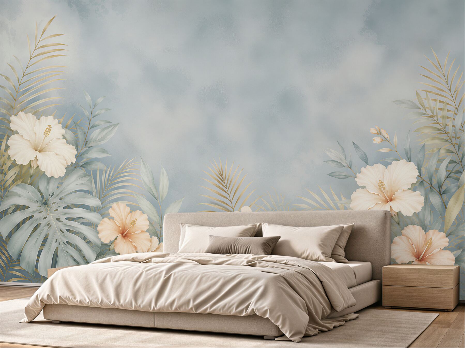 Fototapeta hibiskusy i liście tropikalne błękitno beżowa elegancka?v23