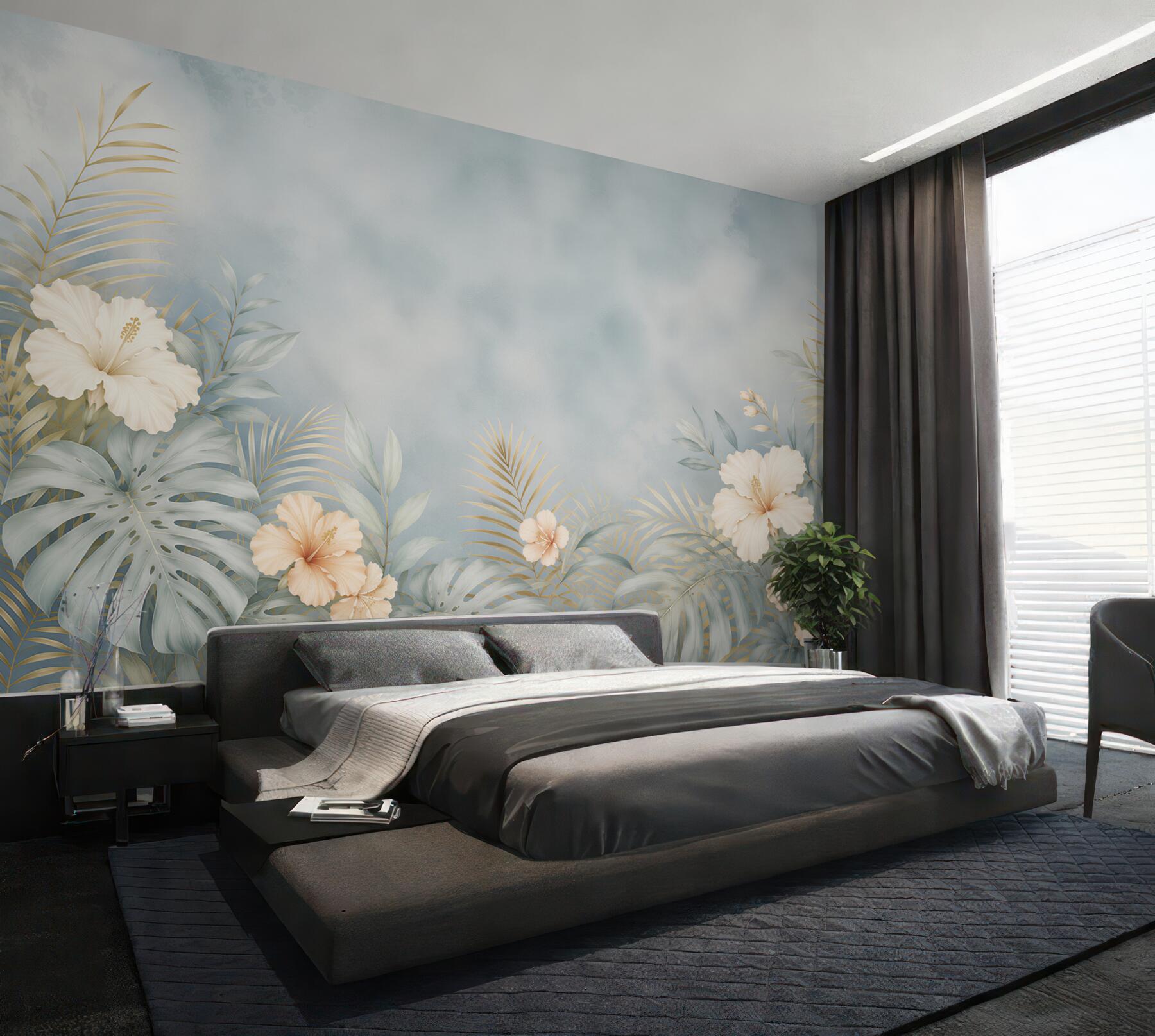 Fototapeta hibiskusy i liście tropikalne błękitno beżowa elegancka?v23